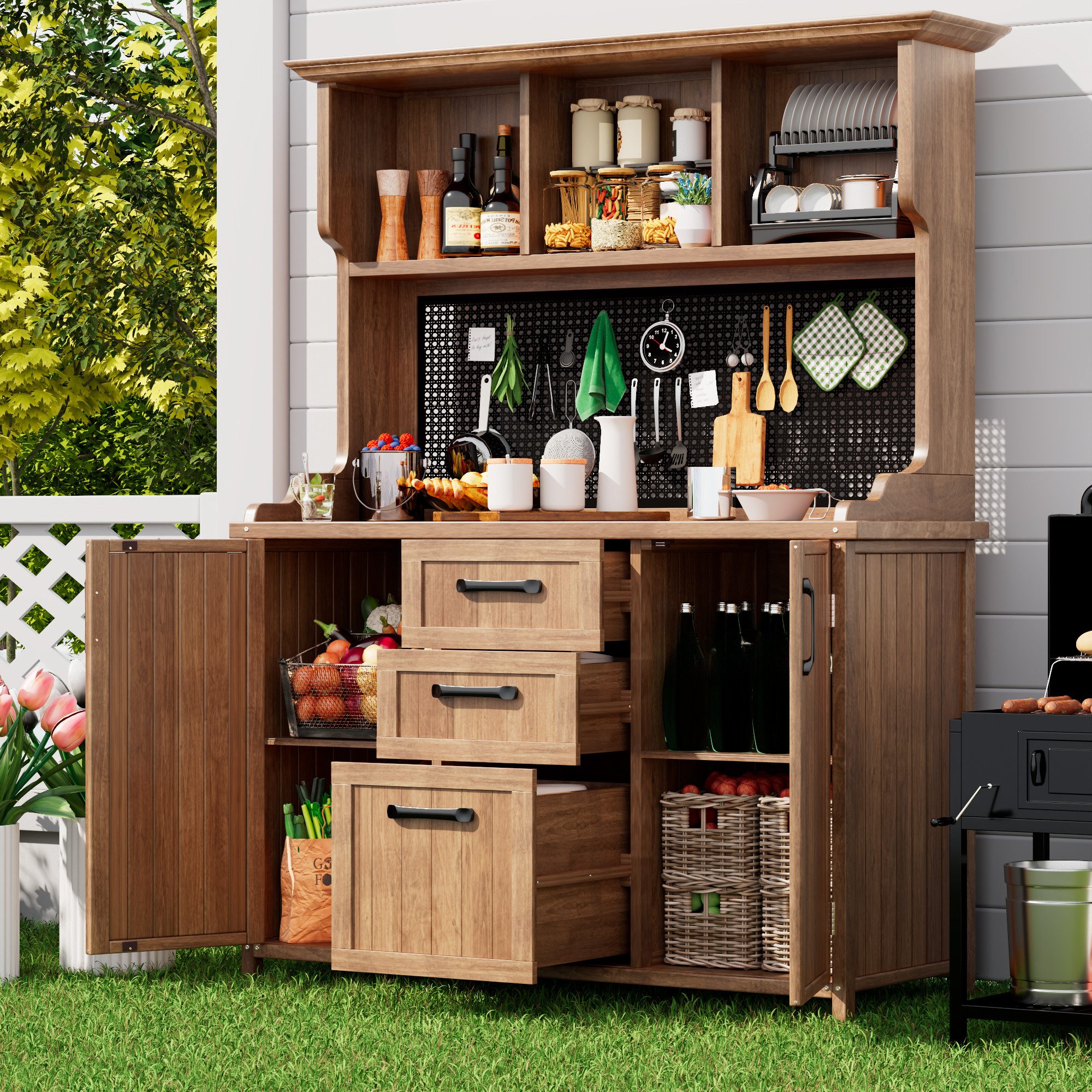 Celya Werkzeugschrank Gartenschrank Holz, Garten Werkzeugschrank aus massivem Tannenholz (Metall-Lochwand und verstellbaren Regalböden, für Terrasse, Balkon) Standschrank mit 3 Schubladen, 3 Fächern