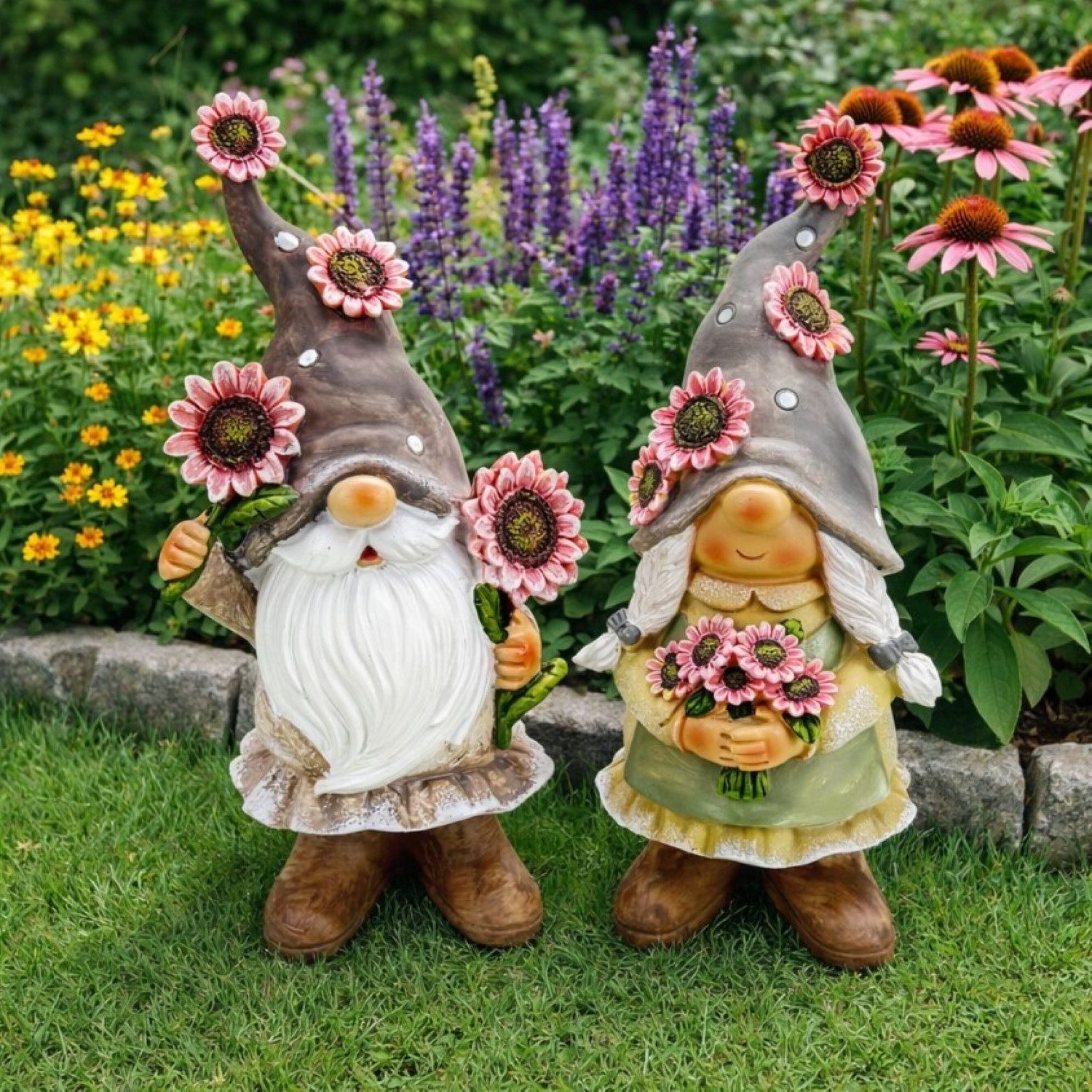 Online-Fuchs Gartenfigur für draußen - 2er Set lustige Gartenzwerge, Wichtel - 23 cm groß, (wetterfest, aus Kunstharz (Polyresin), Deko Figuren für Frühling, Sommer & Herbst - Geschenkidee