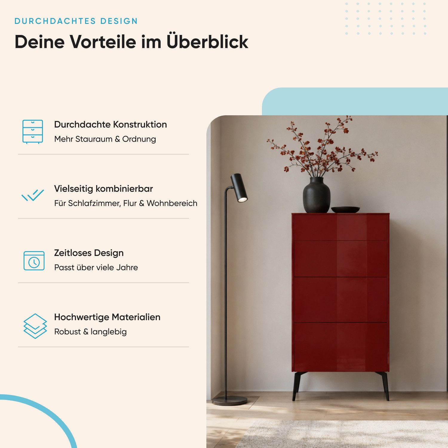 Storado Kommode Colors 52×89–102×42cm, Kommode mit 3 Schubladen, Farbe wählbar, 3 Schubladen auf Unterflurauszügen, Oberfläche kratzfest