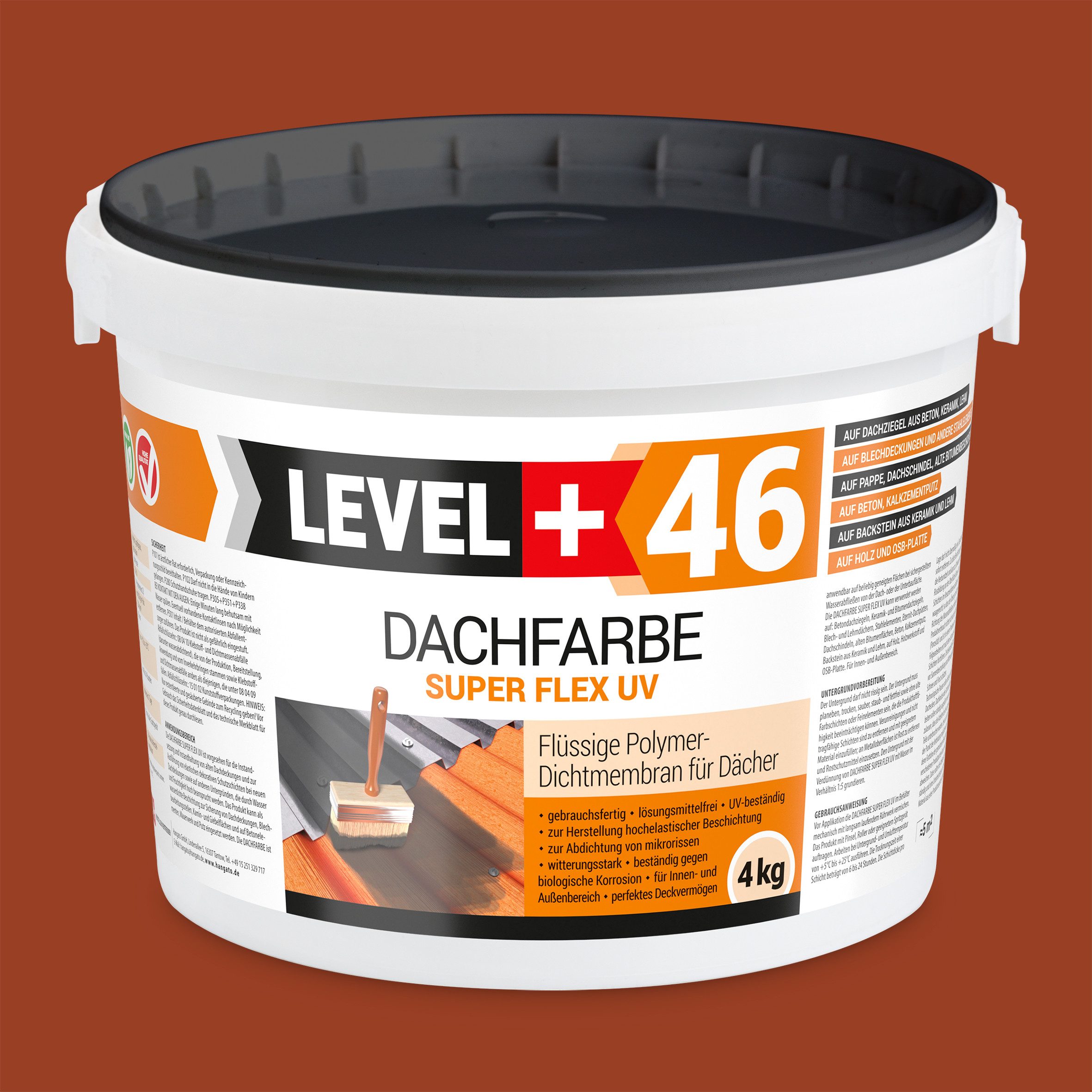 Level+ Dachfarbe Dachfarbe Sockelfarbe elastische L+46 ZIEGELROT - 4KG + Farbroller