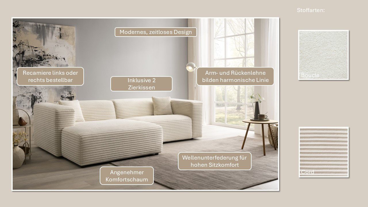 Home affaire Ecksofa BAKELS, L-Form in Cord oder Boucle-Stoff, moderne Couch, wahlweise Recamiere rechts/links, bequemer Sitzkomfort