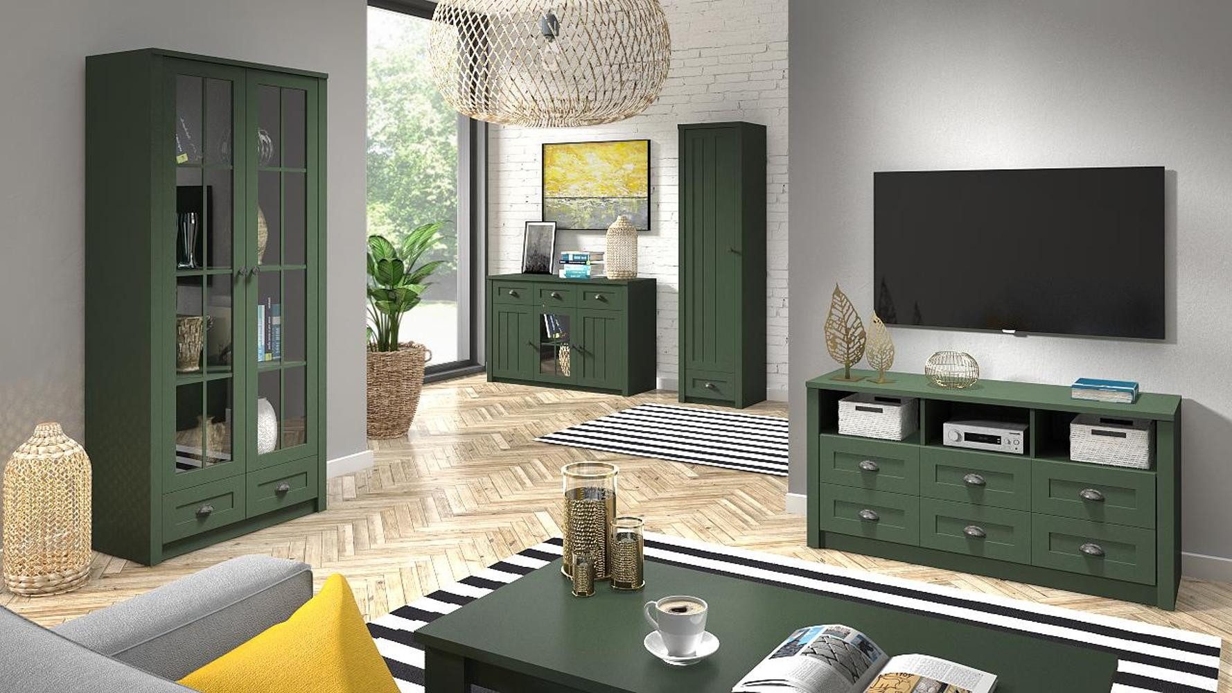 Xlmoebel Wohnwand Wohnzimmermöbel im Landhausstil aus hochwertigem Holz, (5-St., 5tlg.Wohnzimmer Set (RTV + Kommode + Schrank + Vitrine + Couchtisch), Hergestellt in Europa