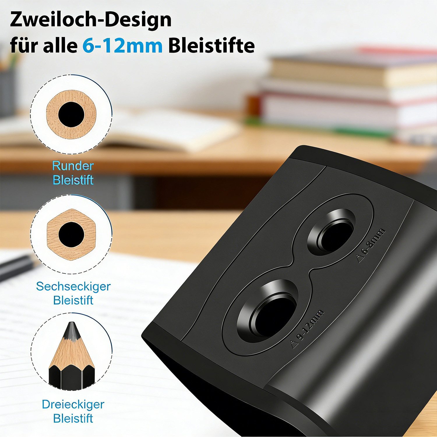 AKKEE Anspitzer Elektrischer Anspitzer 6–8 mm/9–12 mm mit großem, Auffangbehälter