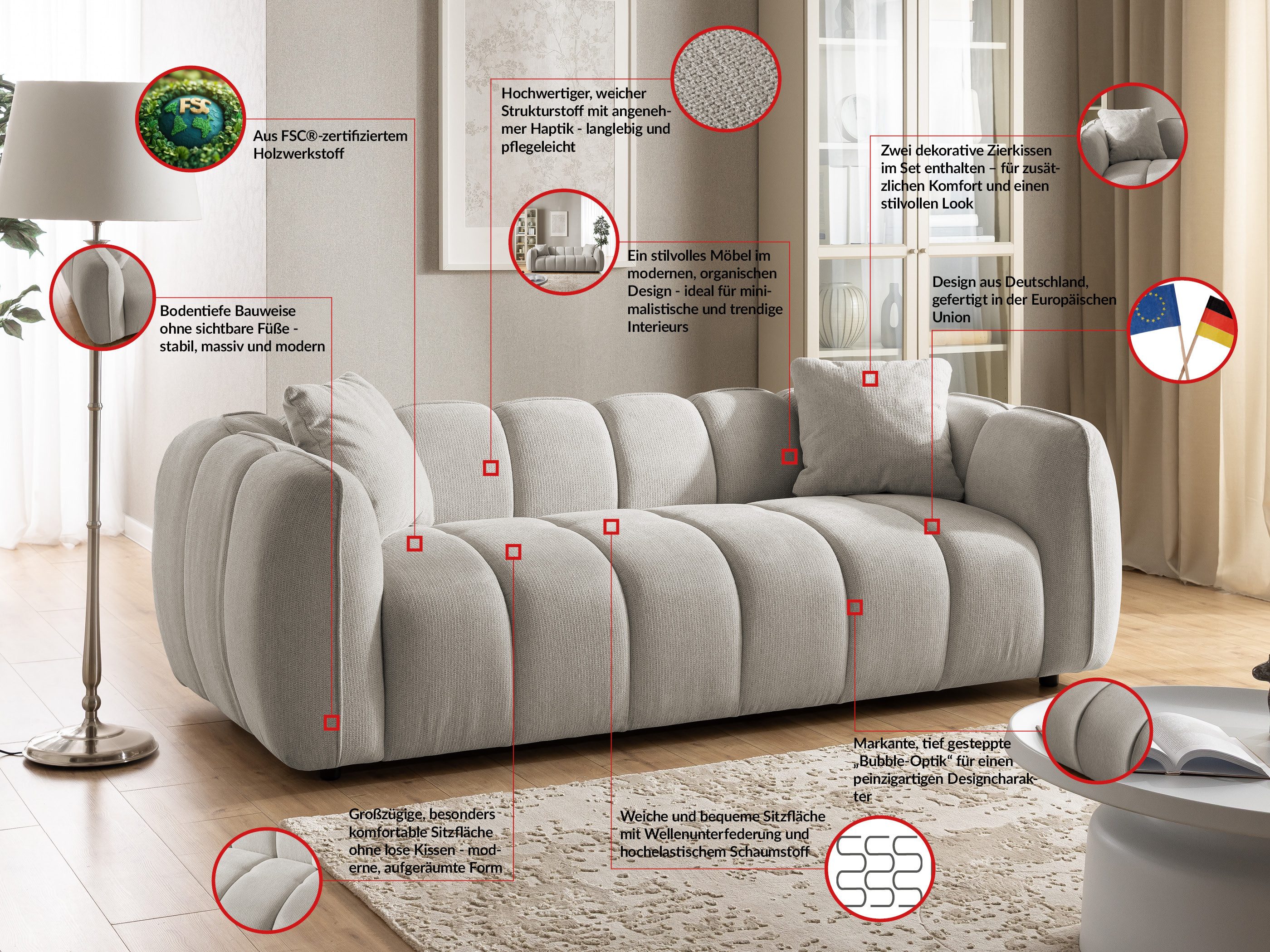 S-Style Möbel Polstergarnitur 3+2+1 Nubira in tief gesteppter Bubble-Optik aus Strukturstoff, mit modernem Design und Wellenfederung – Bild 5 von 5