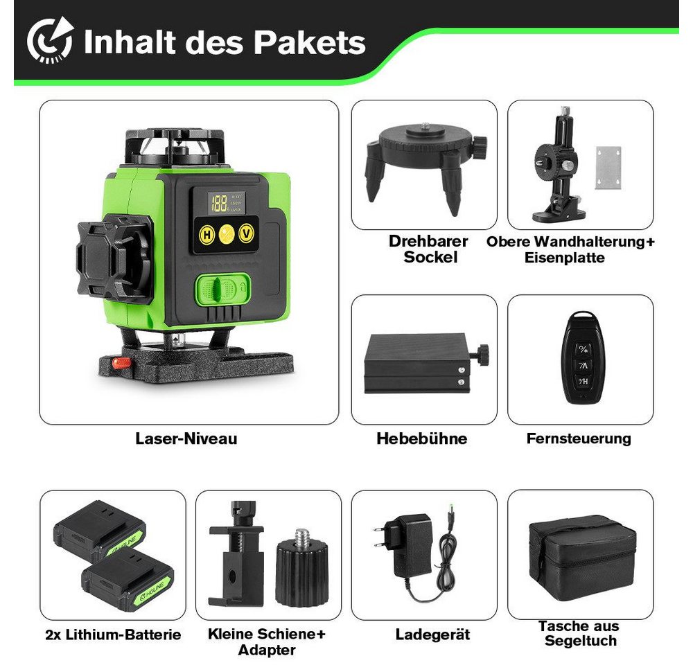 Thumbnail - ONEVAN Laserwasserwaage 4D 16 Linien 360° Selbstnivellierend Laserwasserwaage, IP54 Staub- und Wasserschutz