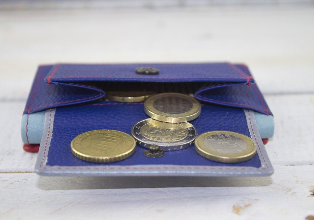 Sunsa Mini klein Portemonnaie Unisex recycelten Lederresten, RFID-Schutz, aus Leder echt Mini Geldbeutel mit Brieftasche, blau/silber/rot Geldbörse Geldbörse Leder
