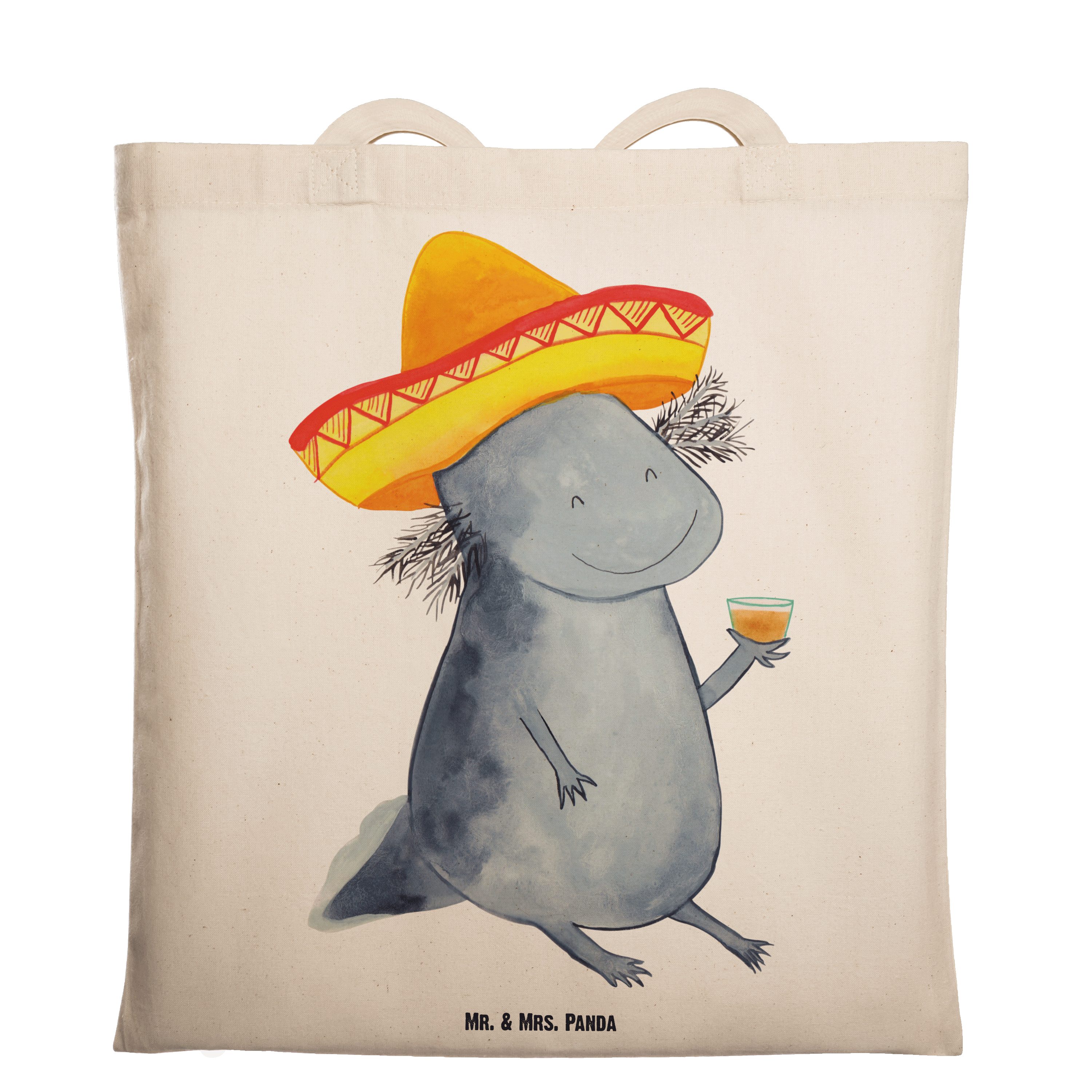 Mr. & Mrs. Panda Tragetasche Axolotl Tequila - Transparent - Geschenk, Sombrero, Jutebeutel, Molch (1-tlg)