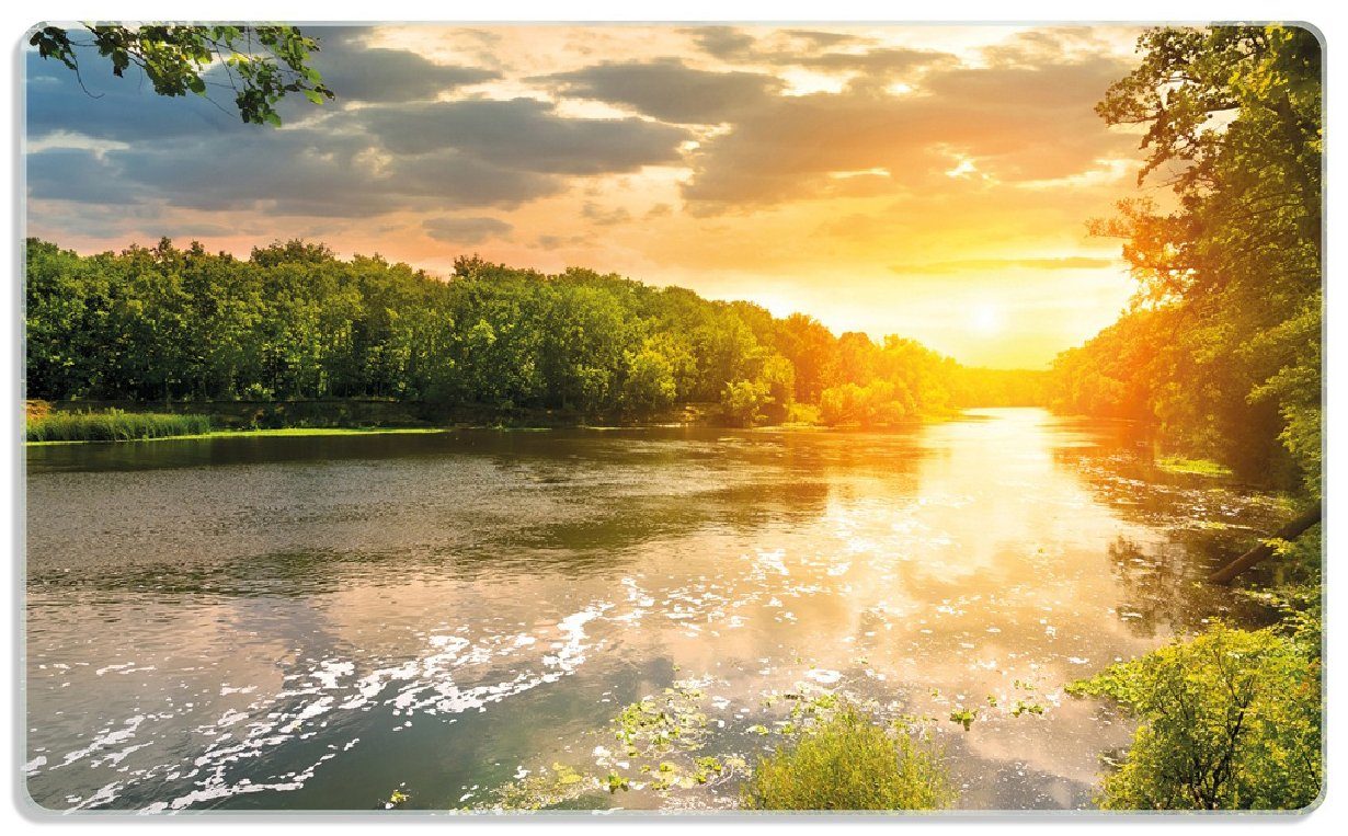 Wallario Frühstücksbrett Sonnenuntergang am Fluss in grüner Umgebung, ESG-Sicherheitsglas, (inkl. rutschfester Gummifüße 4mm, 1-St), 14x23cm