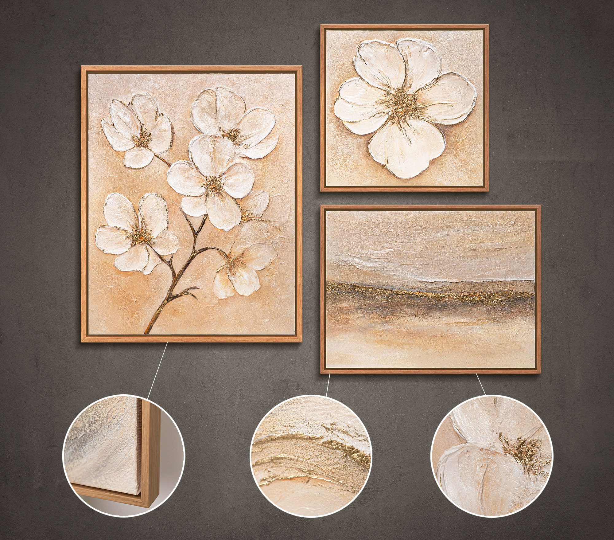 YS-Art Gemälde "Atem des Frühlings", Blumen (Set, 3 St), Wandbilder Set Natur Beige – Leinwandbilder Set Modern mit Blumen