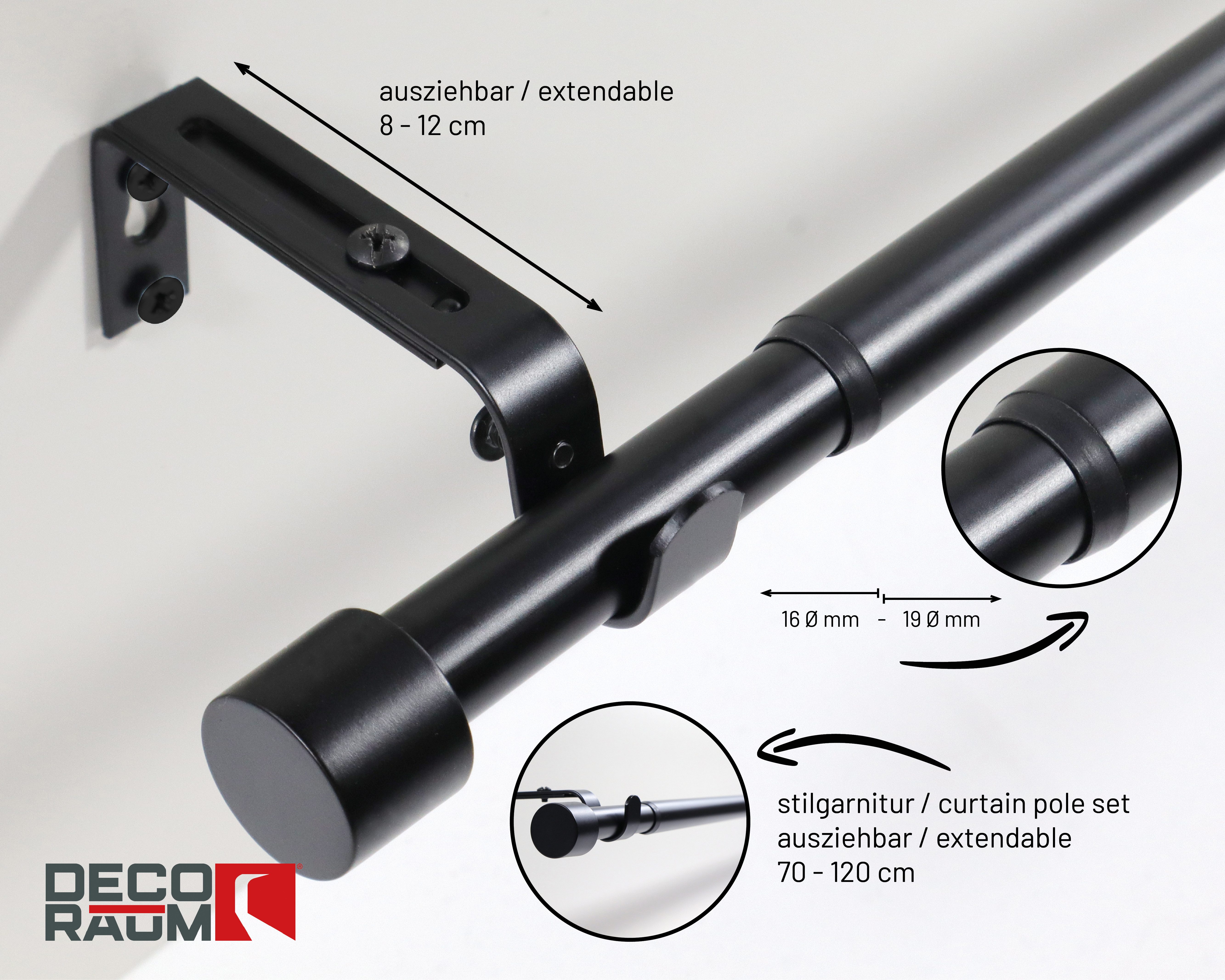 Deco-Raum Gardinenstange Flexa Stilgarnitur Set ausziehbar, Ø 19 mm, 1-läufig, ausziehbar, Wandmontage, verschraubt, Metall, perfekt für Dekoschals Gardinen – Bild 2 von 5