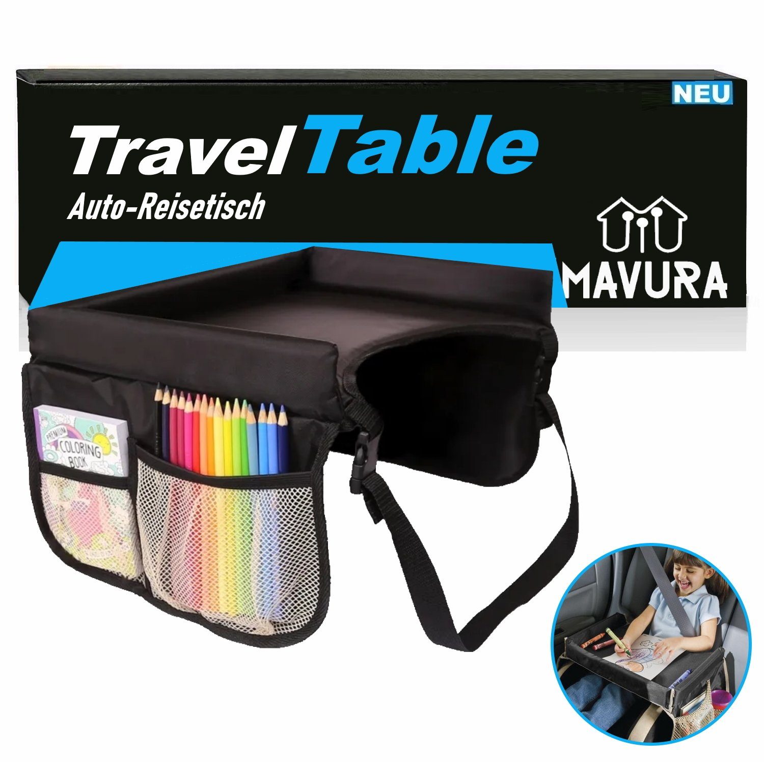 MAVURA Spieltisch TravelTable Kinder Reisetisch Knietablett Auto KFZ Tisch,  Reisetasche Kindertisch Autotisch zum spielen malen essen faltbar