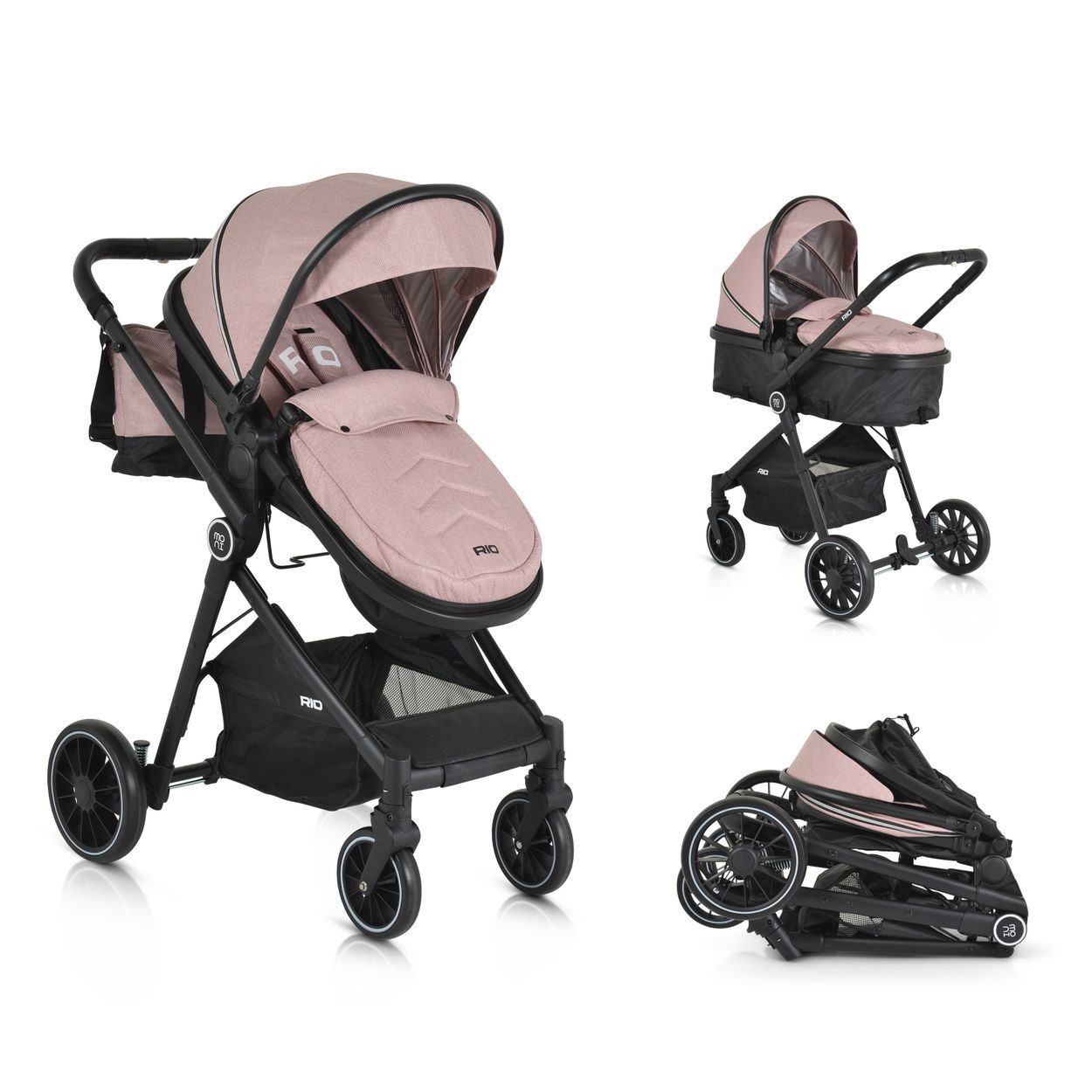 Moni Kombi-Kinderwagen Rio 2 in 1, Aluminium, 360° drehbar, 5-Punkt-Gurt, Babywanne, Babyschale