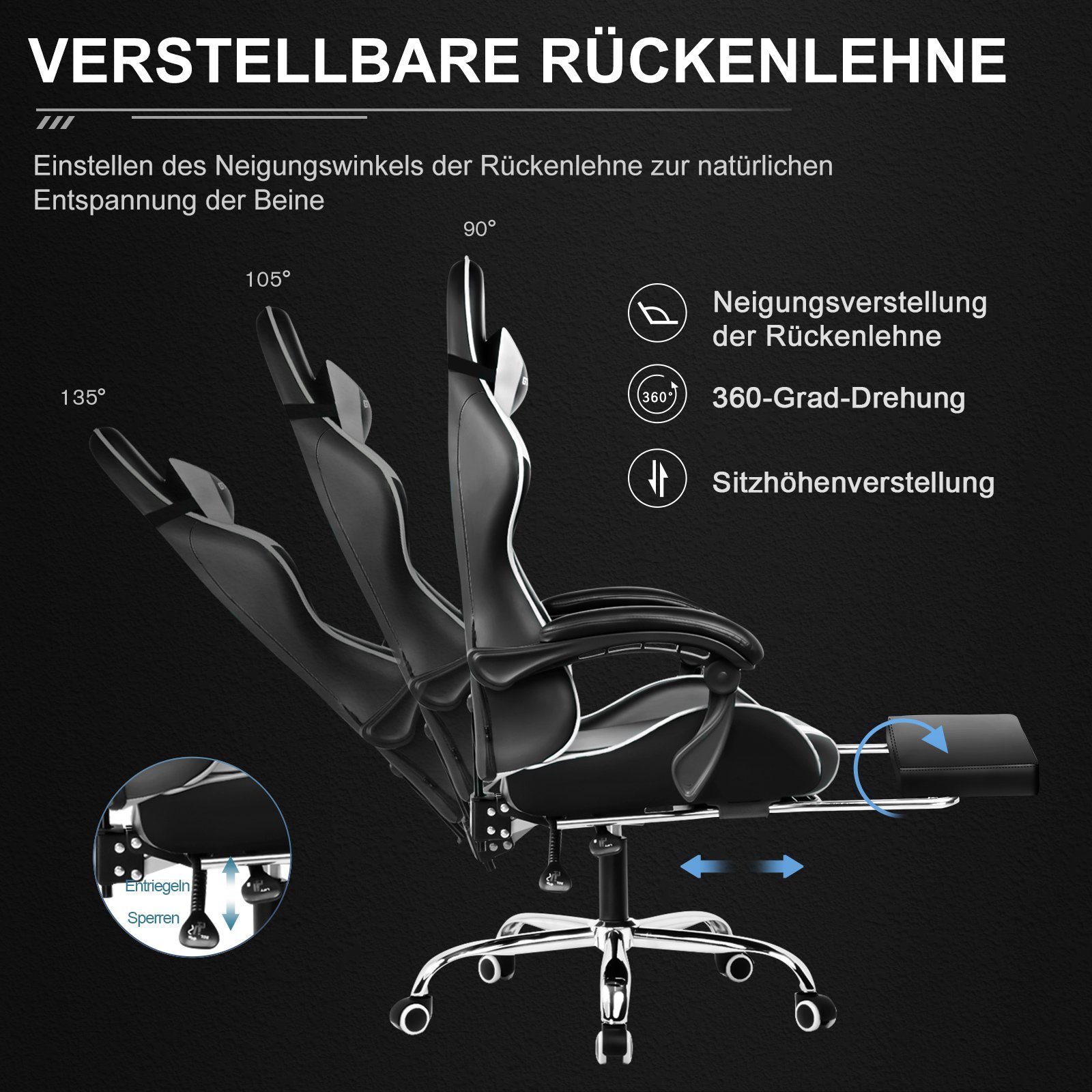 GTPLAYER Gaming-Stuhl Bürostuhl mit Massagefunktion, Fußstütze, Kopfstütze (Packung), Ergonomischer Gamer Stuhl Maximale Belastung 150 kg, 360° drehbar – Bild 5 von 5