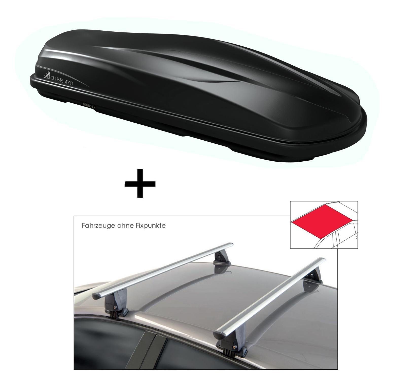 VDP Dachbox, Dachbox CUBE470 470 Liter schwarz glänzend + Dachträger VDP Delta kompatibel mit Suzuki Baleno (5 Türer) ab 2019
