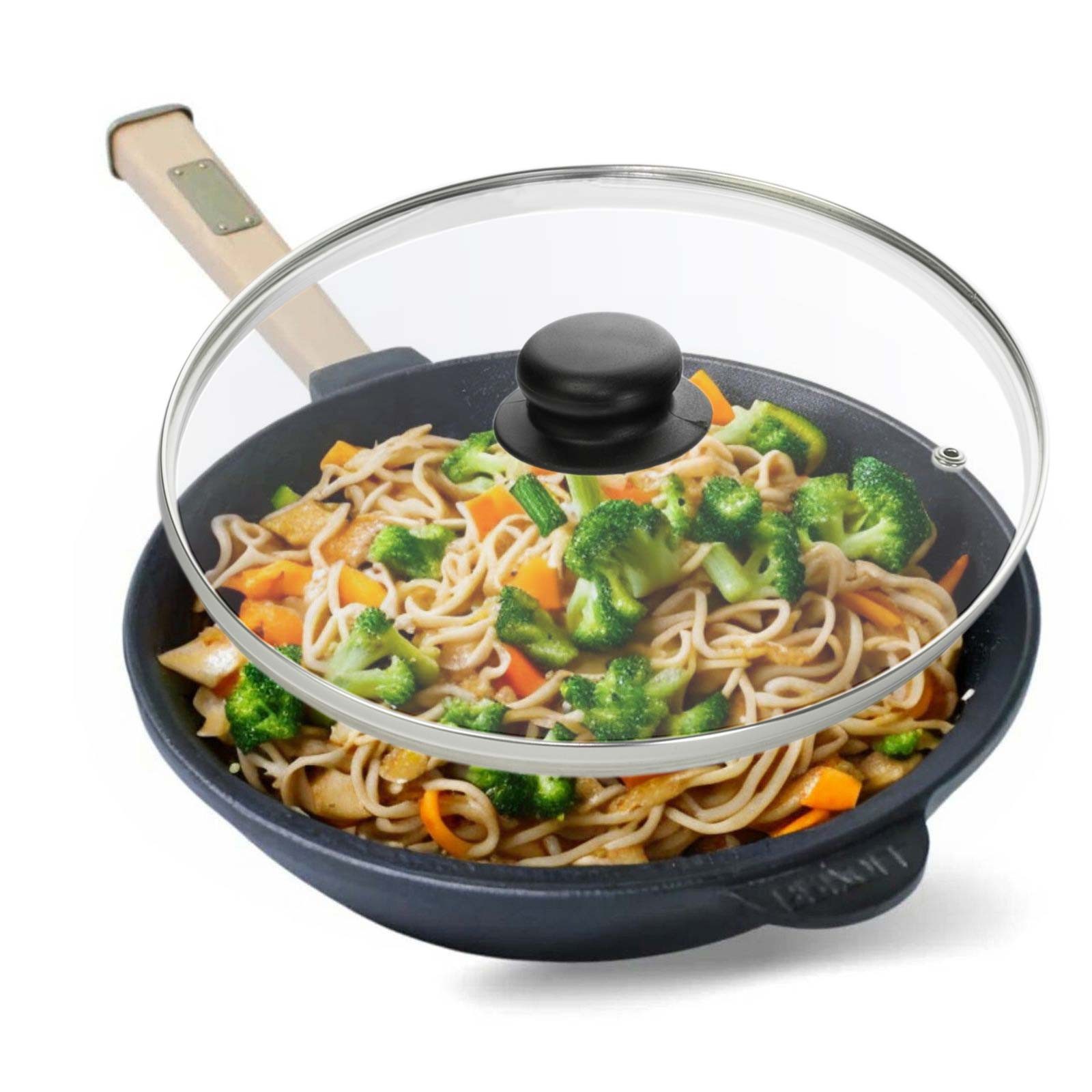 BIG-PAN Wok Ø24 cm Wok 2,2 L Gusseisen Pfanne Glasdeckel, Gusseisen