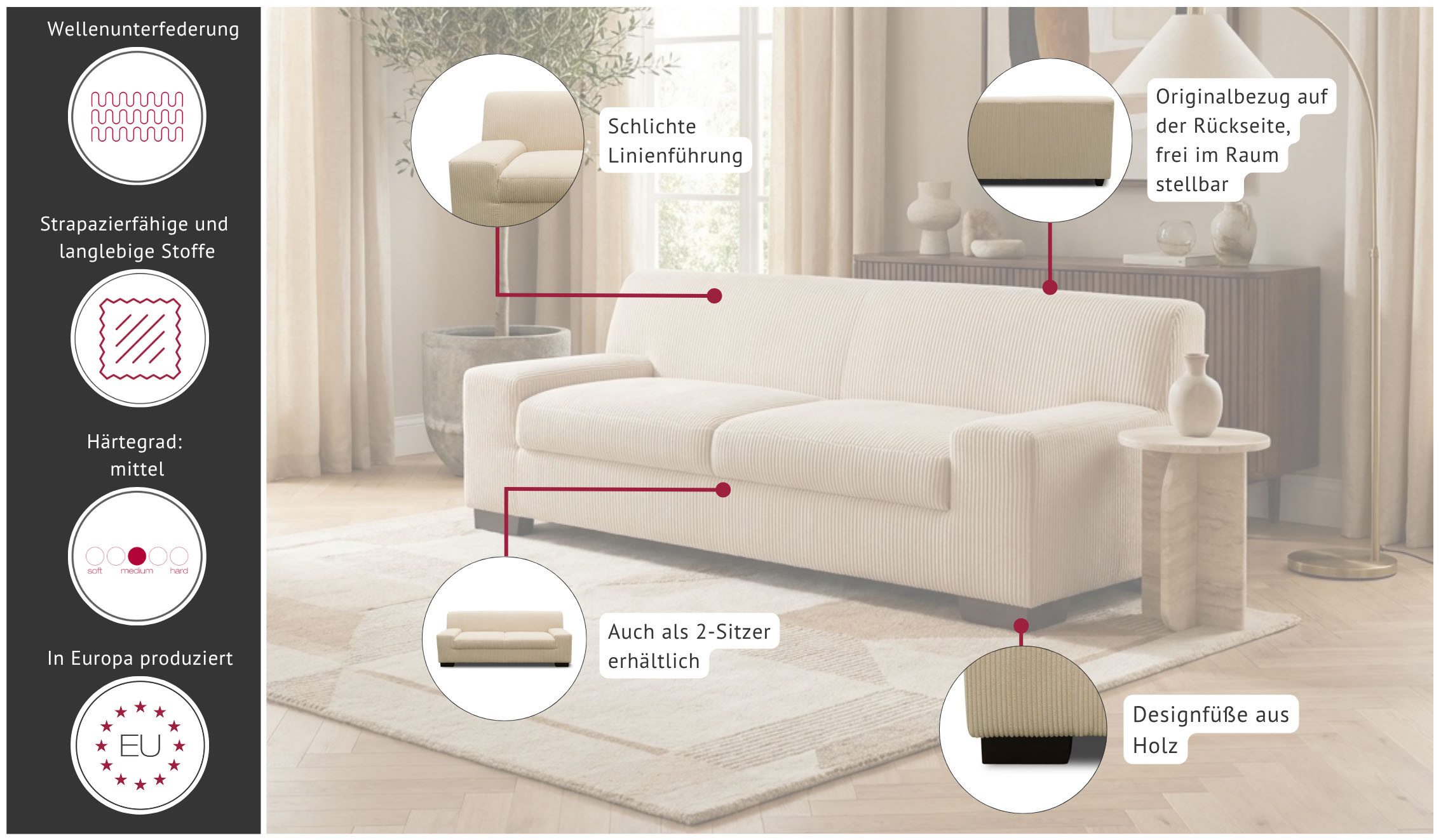 OTTO home 3-Sitzer Faxxe 212 x 85 cm, zeitlos und elegant, mittelfeste Polsterung, aus pflegeleichtem, weichem Bezugsstoff – Bild 3 von 5