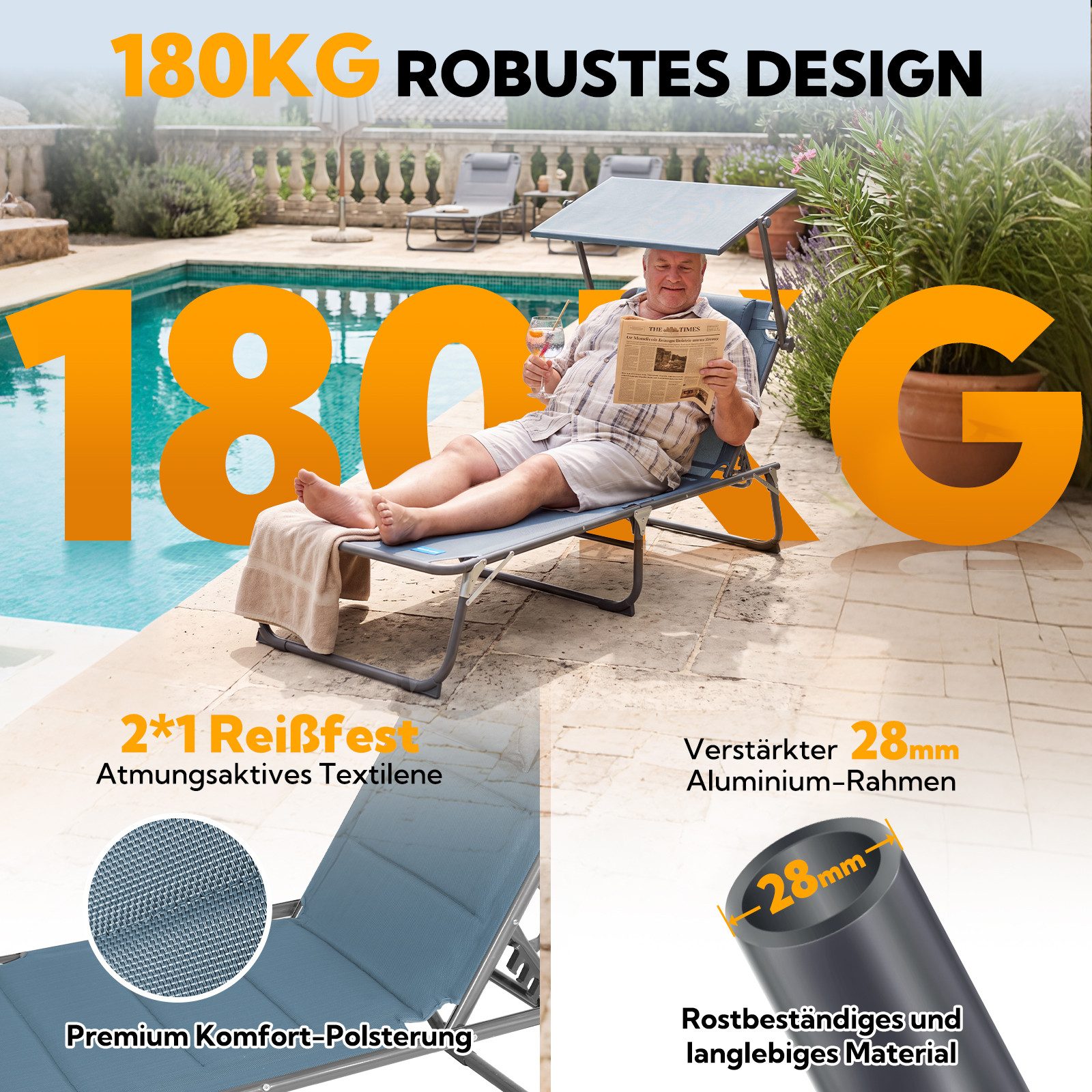HOMECALL Gartenliege Sonnenliege AluLiege Liegestuhl Strandliege Liegen wetterfest, klappbar, Textilene Mit Dickemschnelltrocknende Schaumstoffpolsterung, Verst – Bild 4 von 5