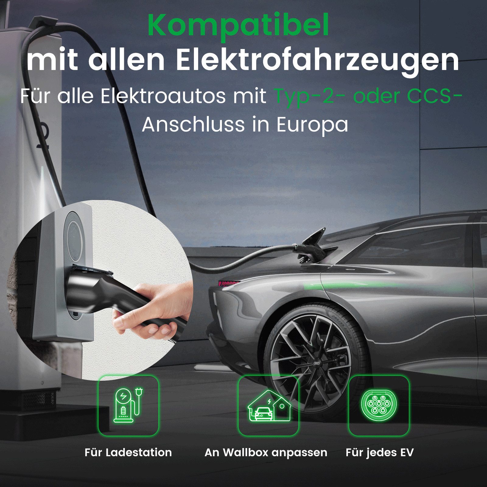 GONEO Typ 2 Ladekabel 7kW/11kW/22kW - Autoladekabel, Elektroauto-Ladekabel, (500 cm), Typ 2 auf Typ 2 EV Ladekabel mit Tragetasche