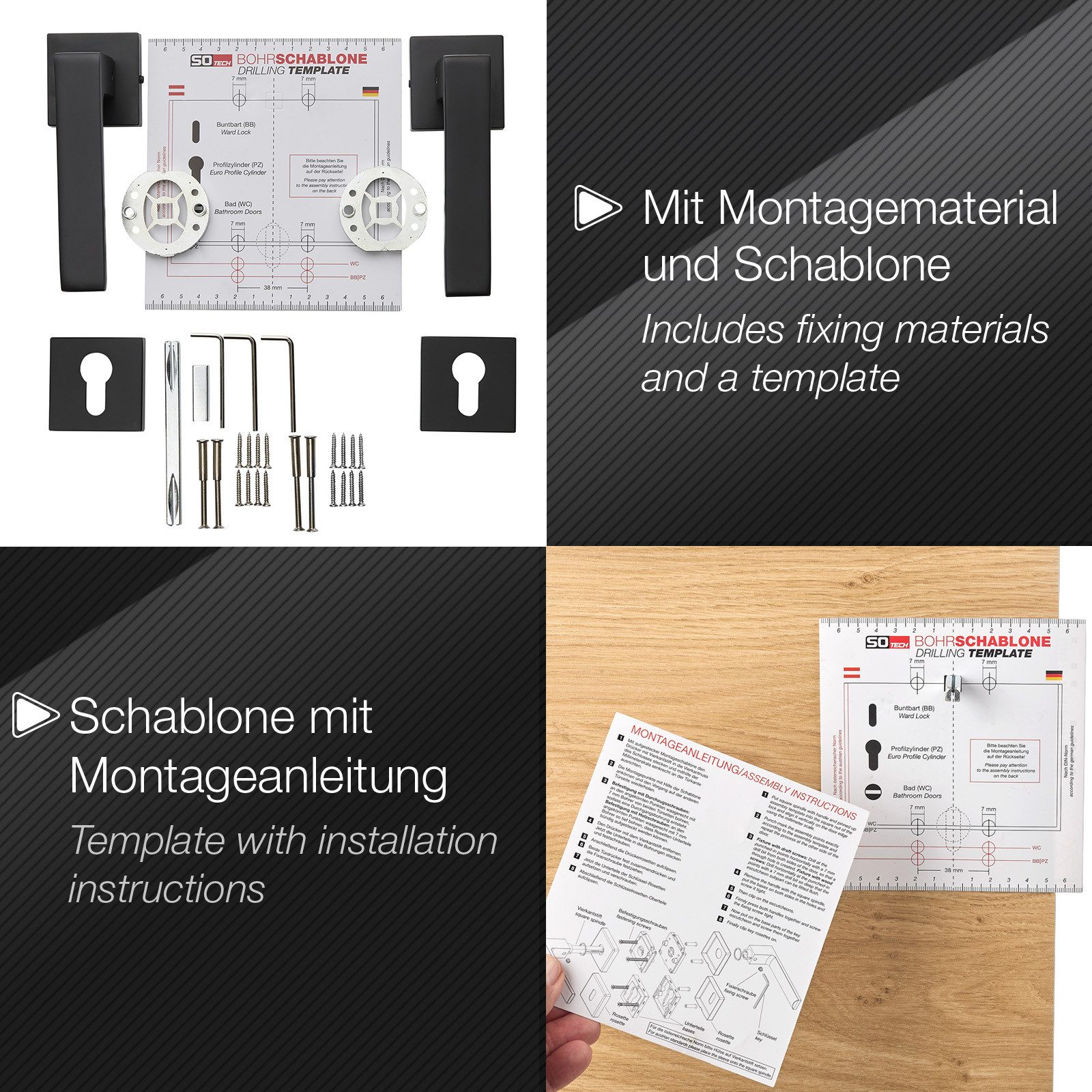 SO-TECH® Drückergarnitur Türdrücker ERLING Aluguss schwarz inkl. Befestigungsmaterial, Spar-Set, 1-tlg., mit Papier-Bohrschablone, mit PZ-Rosetten - für Profilz – Bild 4 von 5