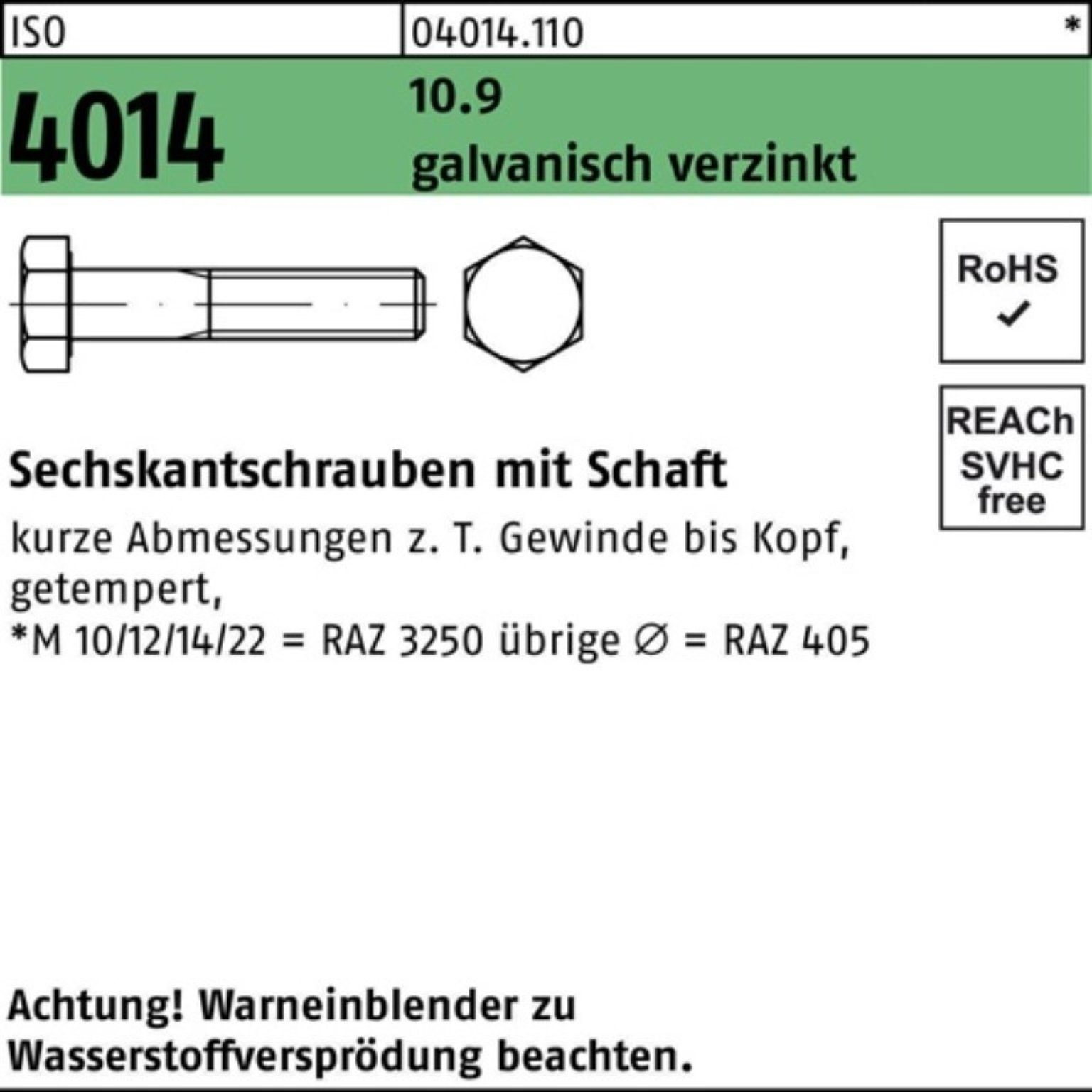 170 M20x Bufab 100er ISO 10.9 Schaft 4014 Sechskantschraube galv.verz. Pack Sechskantschraube