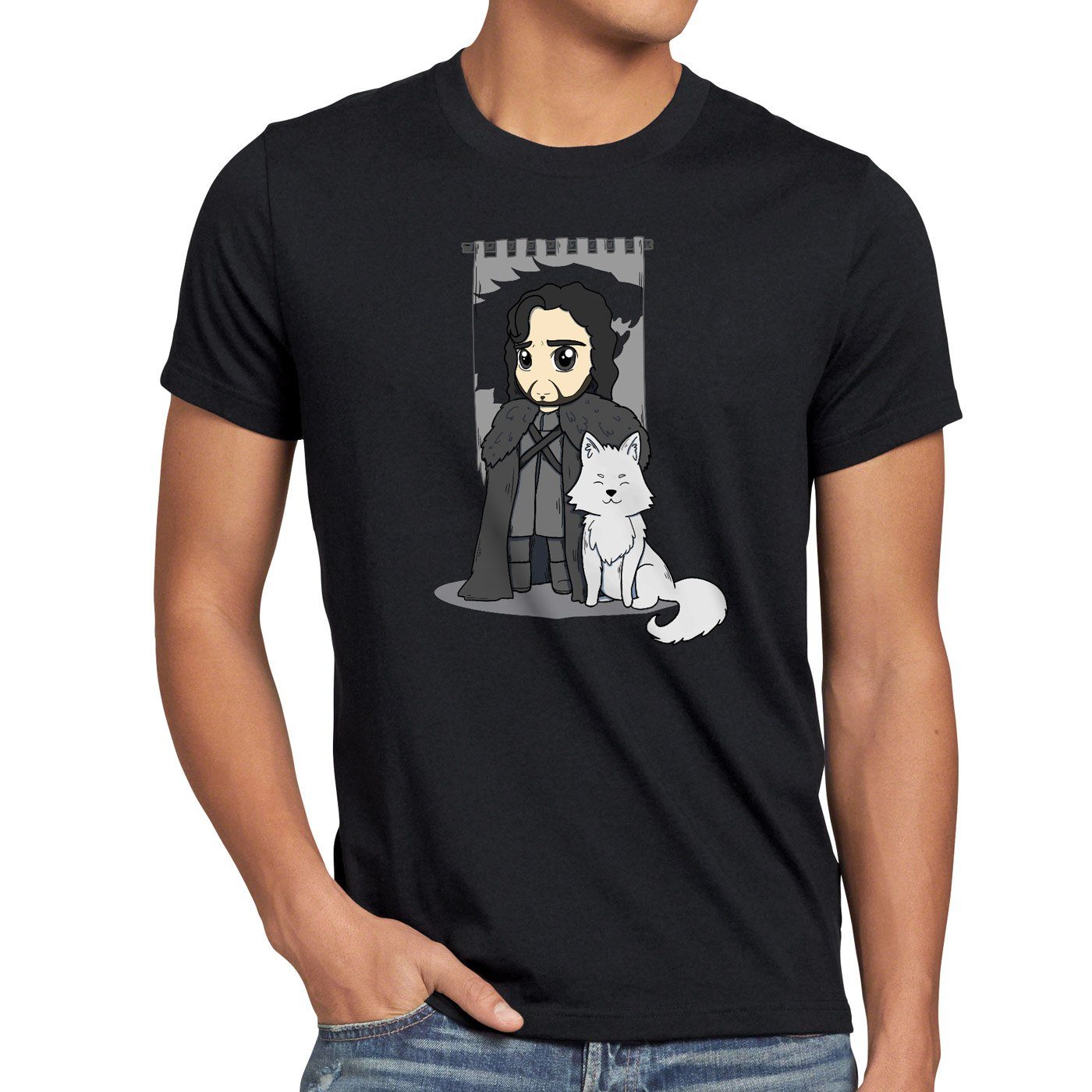 style3 Print-Shirt Herren T-Shirt Jon Schnee chibi snow lord kommandant der nachtwache schwarz