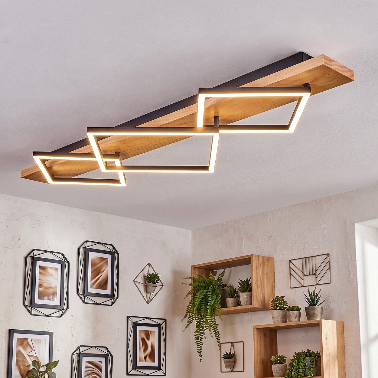 hofstein Deckenleuchte Deckenlampe aus Metall/Holz/Kunststoff in Naturfarben/Schwarz/Weiß, ohne Leuchtmittel, 3000 Kelvin, Leuchte im modernen Design, 42 Watt, 5400 Lumen, 3000 Kelvin