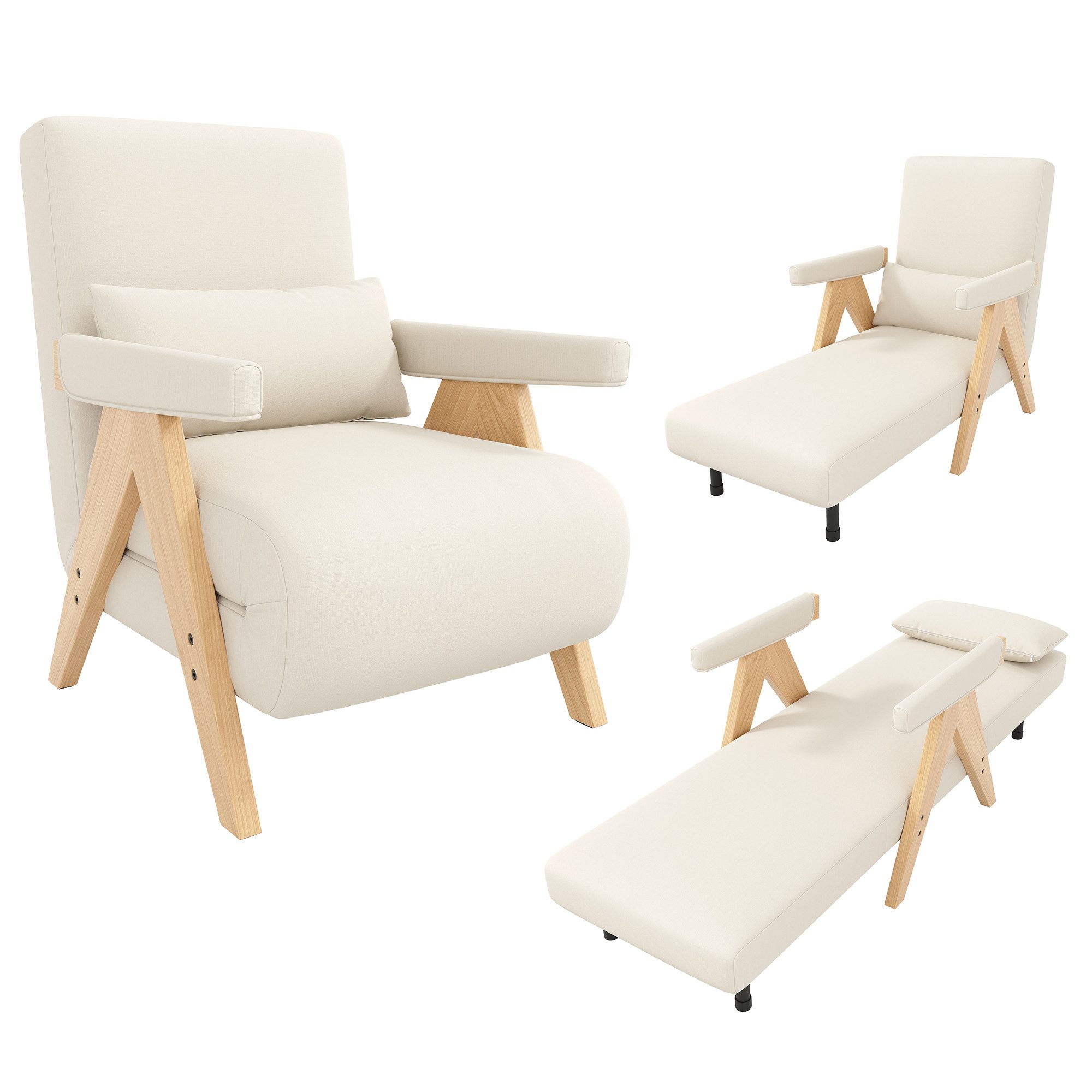 Flieks Loungesessel 3-in-1-Umbausessel mit Schlaffunktion (6-fach verstellbare Rückenlehnenfunktion, 1-St., Beine und Armlehnen aus Massivholz), Klappsessel Polstersessel mit Relaxfunktion Einzelsofa Leinen