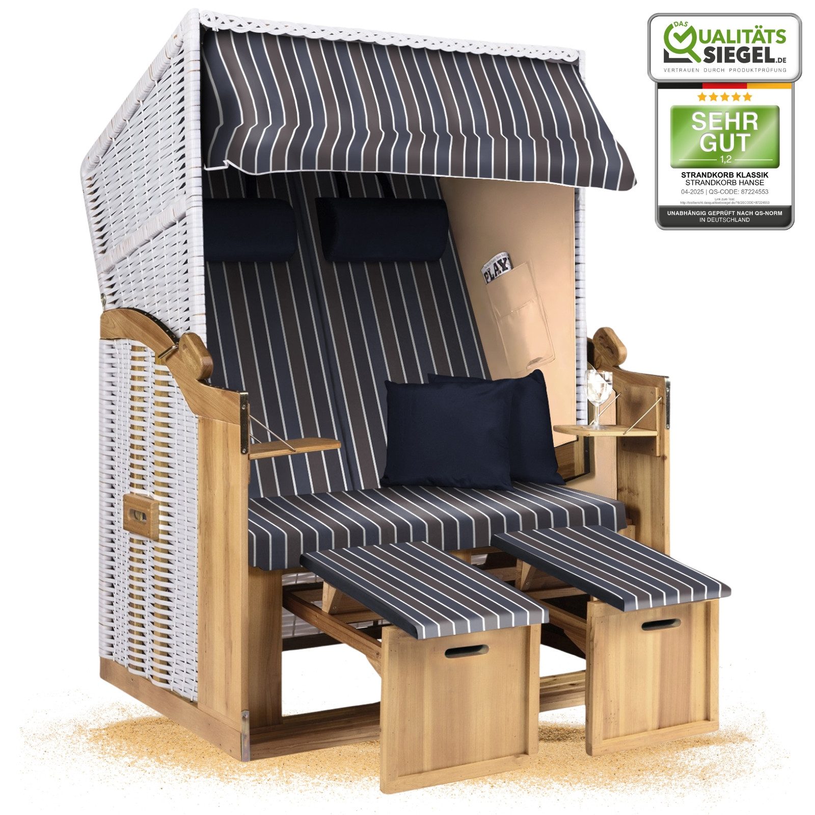 Strandkorb Hanse Strandkorb Strandkorb 2-Sitzer Ostsee Volllieger in Weiß Beige Blau, BxTxH: 120x80x160 cm, Ostsee Volllieger, Ostsee 2-Sitzer Modell 2025, Stabiles Wacholder mit handgefertigtem Polyrattangeflecht