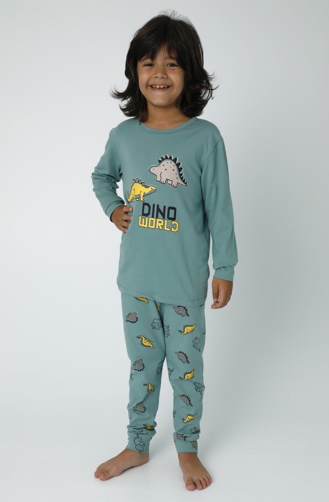 LOREZA Pyjama Jungen Baumwolle Grün Dinosaurier 2 zweiteiliger tlg) Langarm (Set, Schlafanzug