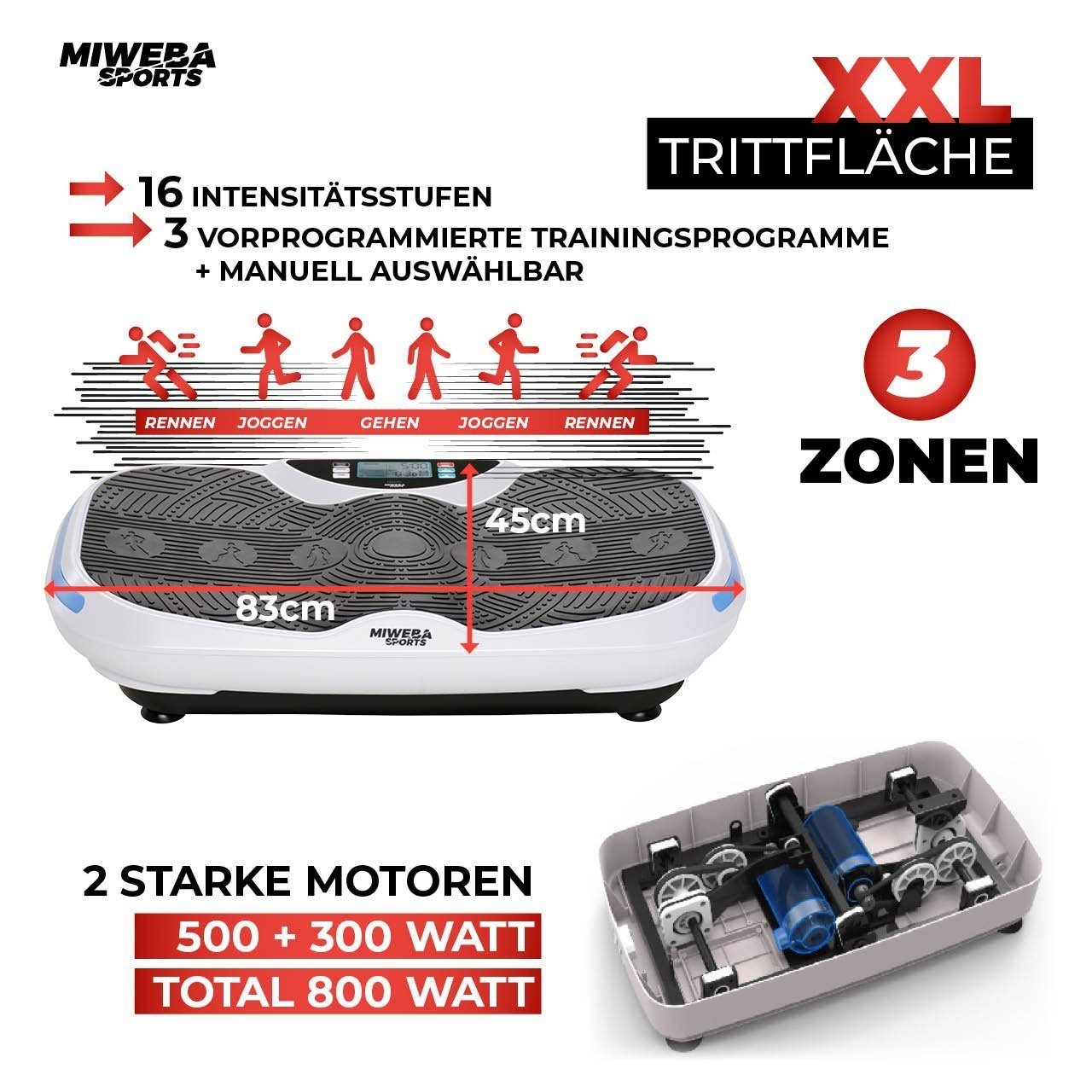 Miweba Sports Vibrationsplatte Profi drei extra 800 Sportgerät 3 Transportgriff, Motoren, Vibrationszonen, Intensitätsstufen, 2 inkl. Fettverbrennung, 4D-Vibration, 120 vordefinierte Weiß 3 MV300 W, Trainingsprogramme, Trittfläche, Fernbedienung Trainingsgerät, Zuhause, Vibrationstrainer große Vibrationsboard 16 J. LED Benutzergewicht, 3 Fitnessgeräte Sportgeräte (LED-Display, Bluetooth, tlg), Garantie Power Ropes, Beleuchtung, - Fitnessgerät max. - 4D-Wave-Vibration, kg Transportrollen, für 50 Armband Hz, Ganzkörpertraining