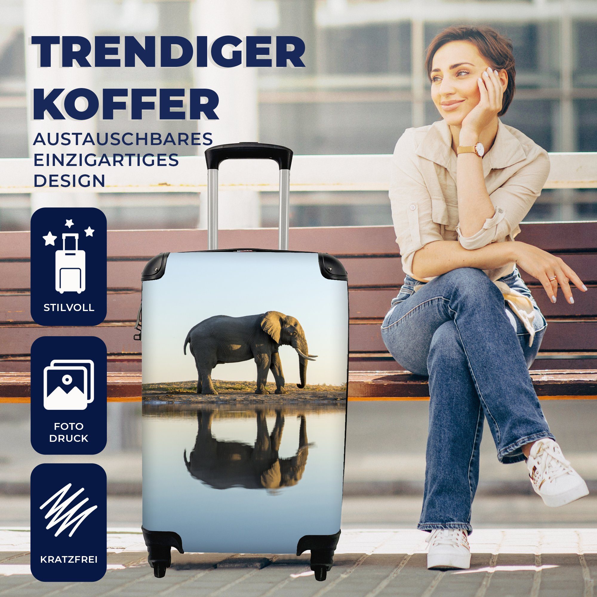 MuchoWow Handgepäckkoffer Elefant - Wasser - Rollen, Reisetasche Trolley, Reisekoffer 4 Ferien, Tiere Handgepäck mit - für Natur, rollen, Bäume 