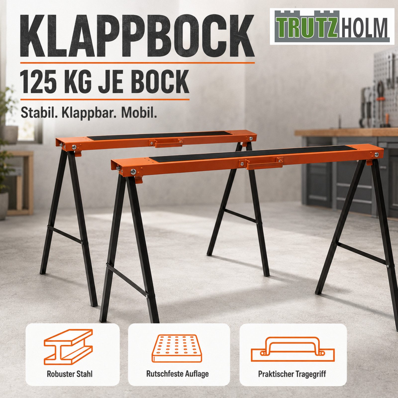 TRUTZHOLM Klappbock 2x Klappbock mit 250 kg Traglast je Paar, aus robustem, stabilem Stahl