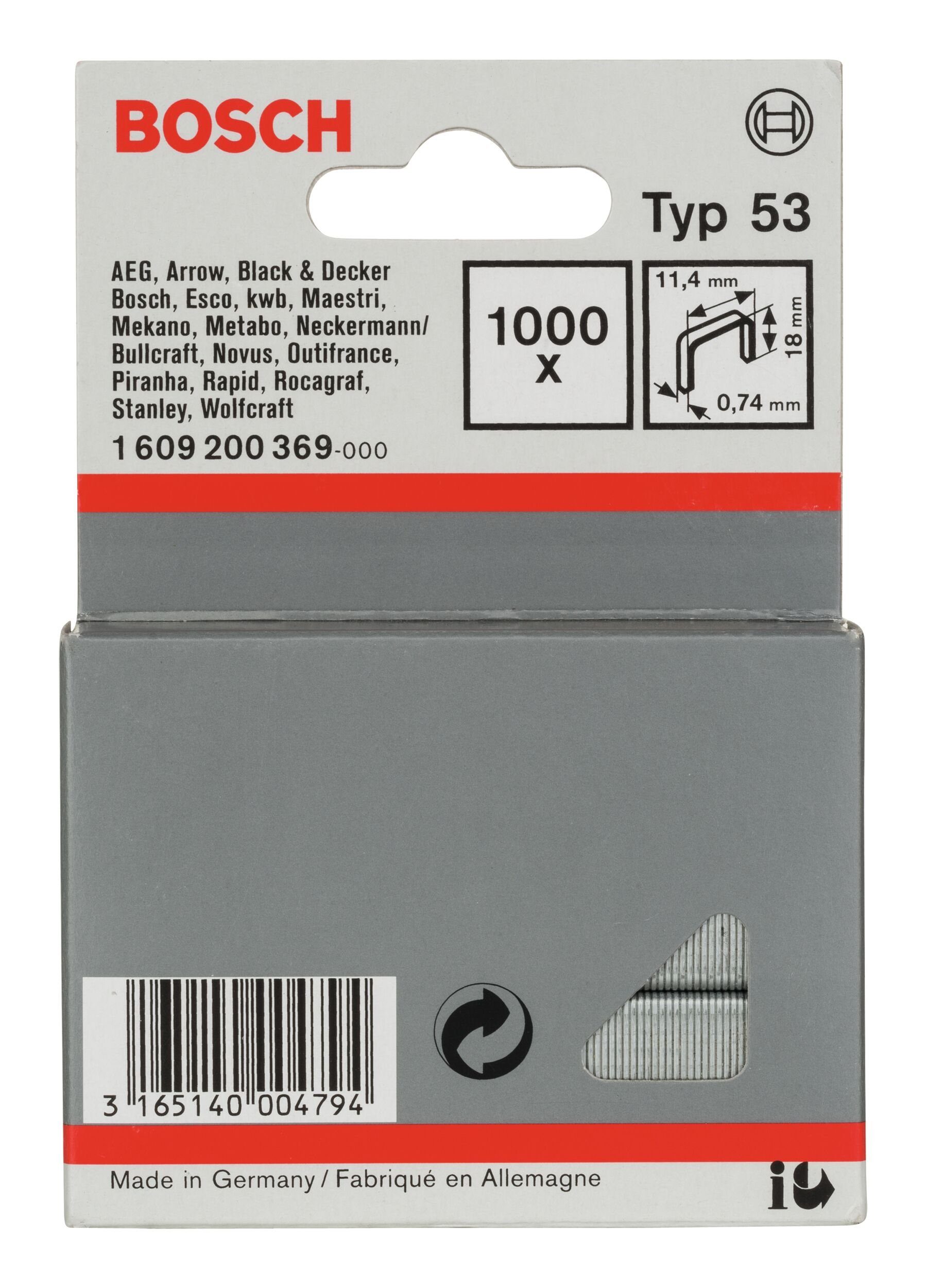 BOSCH Tackerklammer, Line Typ 53 Feindrahtklammer - 0,74 x 18 x 11,4 mm - 1000er-Pack