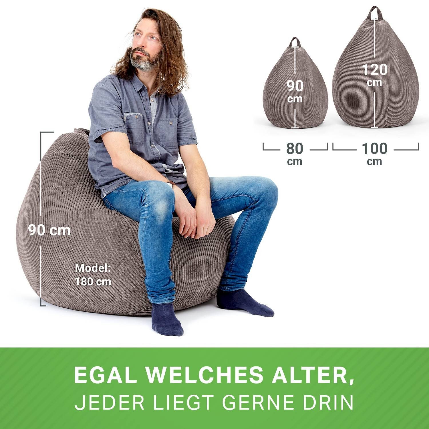 Green Bean Sitzsack Indoor Sitzsack Scoop 90x110cm - Cord (Indoor Sitzsack 90x110cm aus Cordstoff mit EPS-Perlen Füllung, Kuschelig Weich Waschbar - Drinnen Bod – Bild 5 von 5