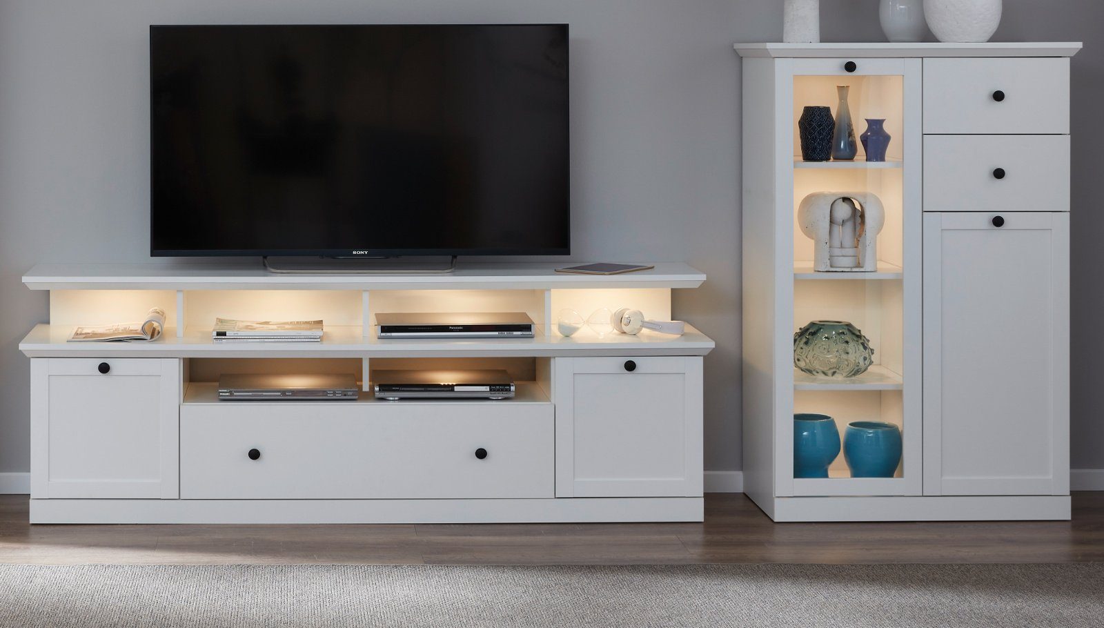 trendteam Wohnwand Baxter, (Set mit Highboard und Lowboard), Weiß matt Landhaus