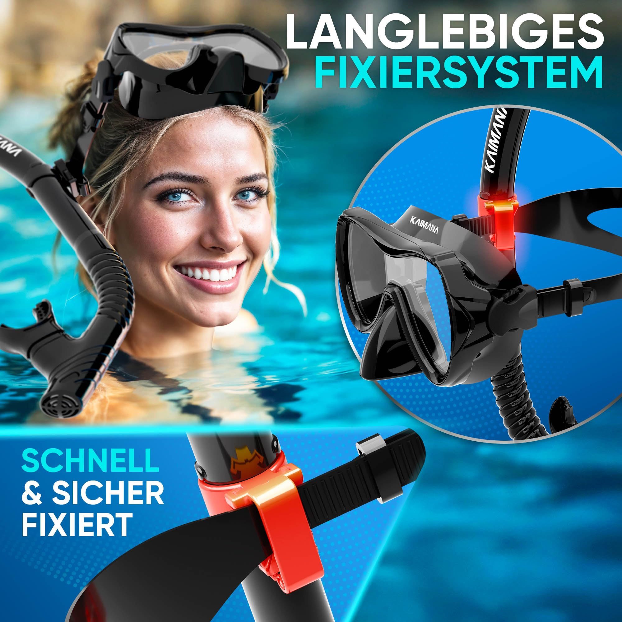 KAIMANA Tauchermaske AquaVision Elite Schnorchelset für Erwachsene inkl. Tragetasche, (Bequeme Taucherbrille Erwachsene, Alternative zur Schnorchelmaske), Taucherbrille mit Stoffband/Silikonstrap