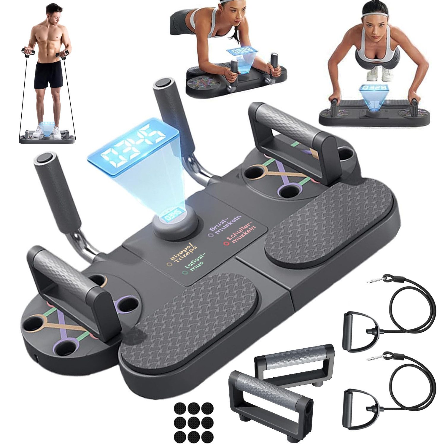 FOSMET Liegestützgriffe 3 in 1 Push-Up Liegestütz-Brett mit LED-Zähler,Push Up Board faltbar (Multi-Liegestützbrett mit Widerstandsbänder,4-Farb-Zonen Training, für Ganzkörper-Training), Push Up Bar Home Gym Fitness-Board Fitnessgerät für Zuhause