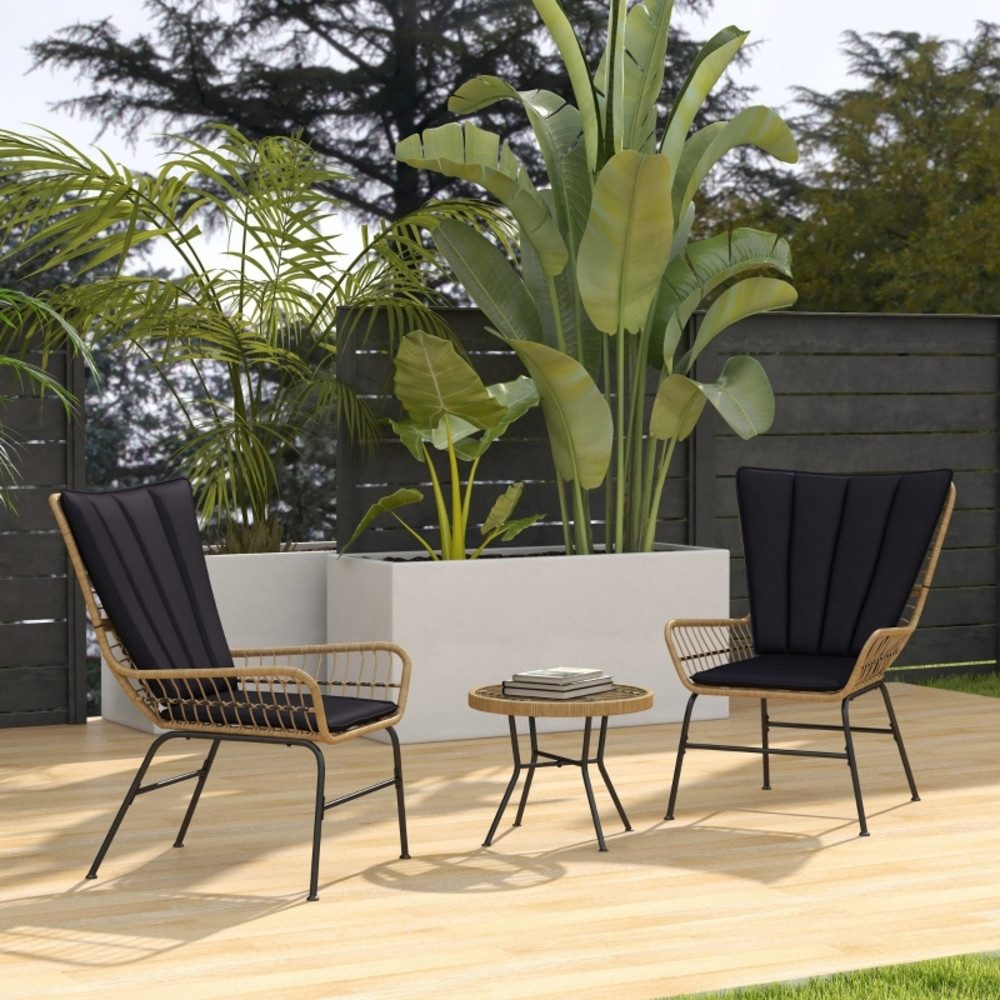 OKWISH Sitzgruppe 3-tlg. 50x50x40 cm aus Rattan mit 2 Stühlen, Beistelltisch & Kissen, (Set, 3-tlg., 2‑Personen-Garnitur mit Glasplatte für den täglichen Gebrauch), Gartenmöbel-Set für Terrasse, Balkon & kleine Außenbereiche