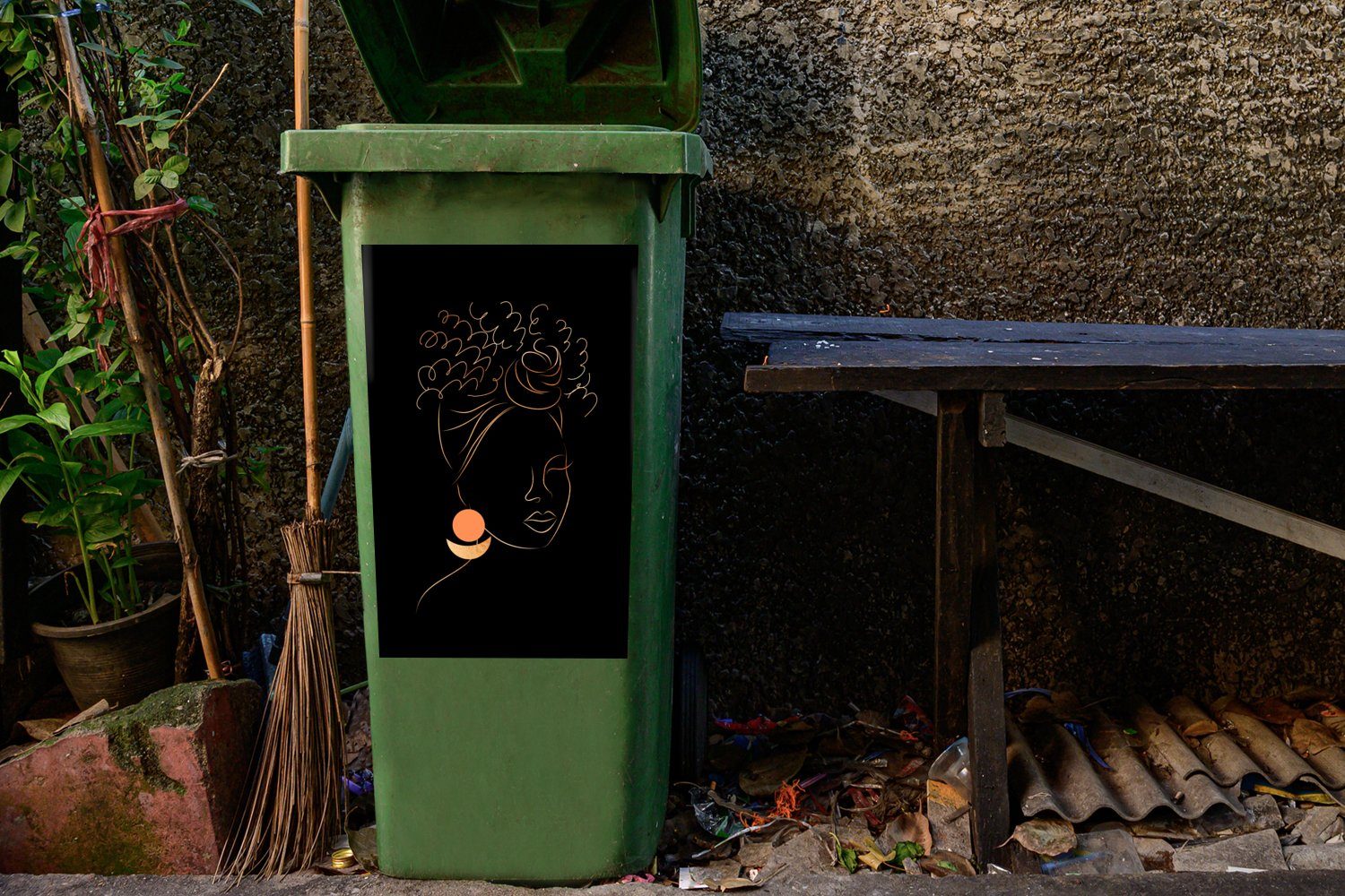 Frau - St), Strichzeichnung (1 Abfalbehälter - MuchoWow Mülltonne, Container, Gold Sticker, Schwarz Wandsticker und Mülleimer-aufkleber,