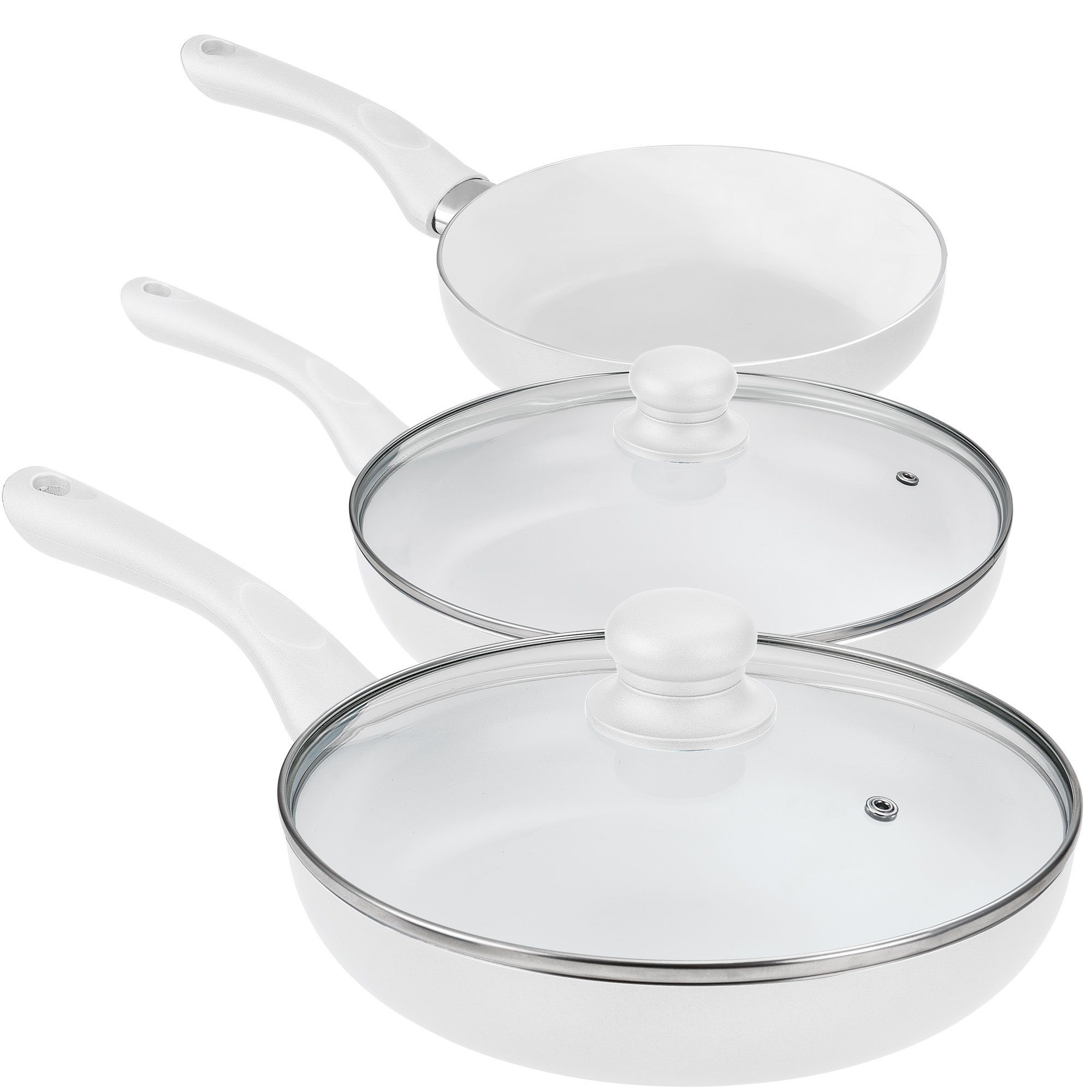 pro.tec PfannenSet, Edelstahl (5tlg., 3 Pfannen mit 2 Deckeln), Keramik Bratpfanne weiß