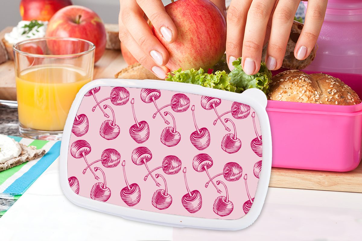 Brotdose Mädchen, - Erwachsene, Lunchbox Kinder, für (2-tlg), Muster Vintage Kunststoff - Snackbox, Kirschen - Rosa, Kunststoff, Brotbox MuchoWow