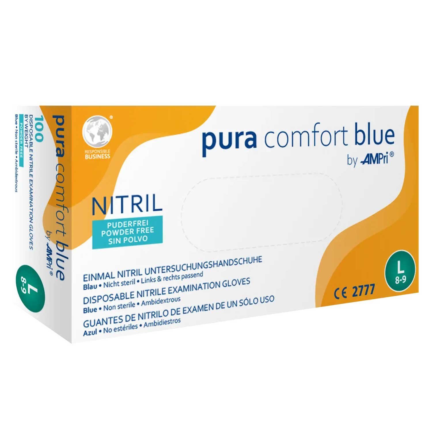 AMPri Nitril-Handschuhe Pura Comfort Blue Nitril Untersuchungshandschuh Größe S KARTON Biologischer Schutz gegen Viren, Bakterien und Pilze