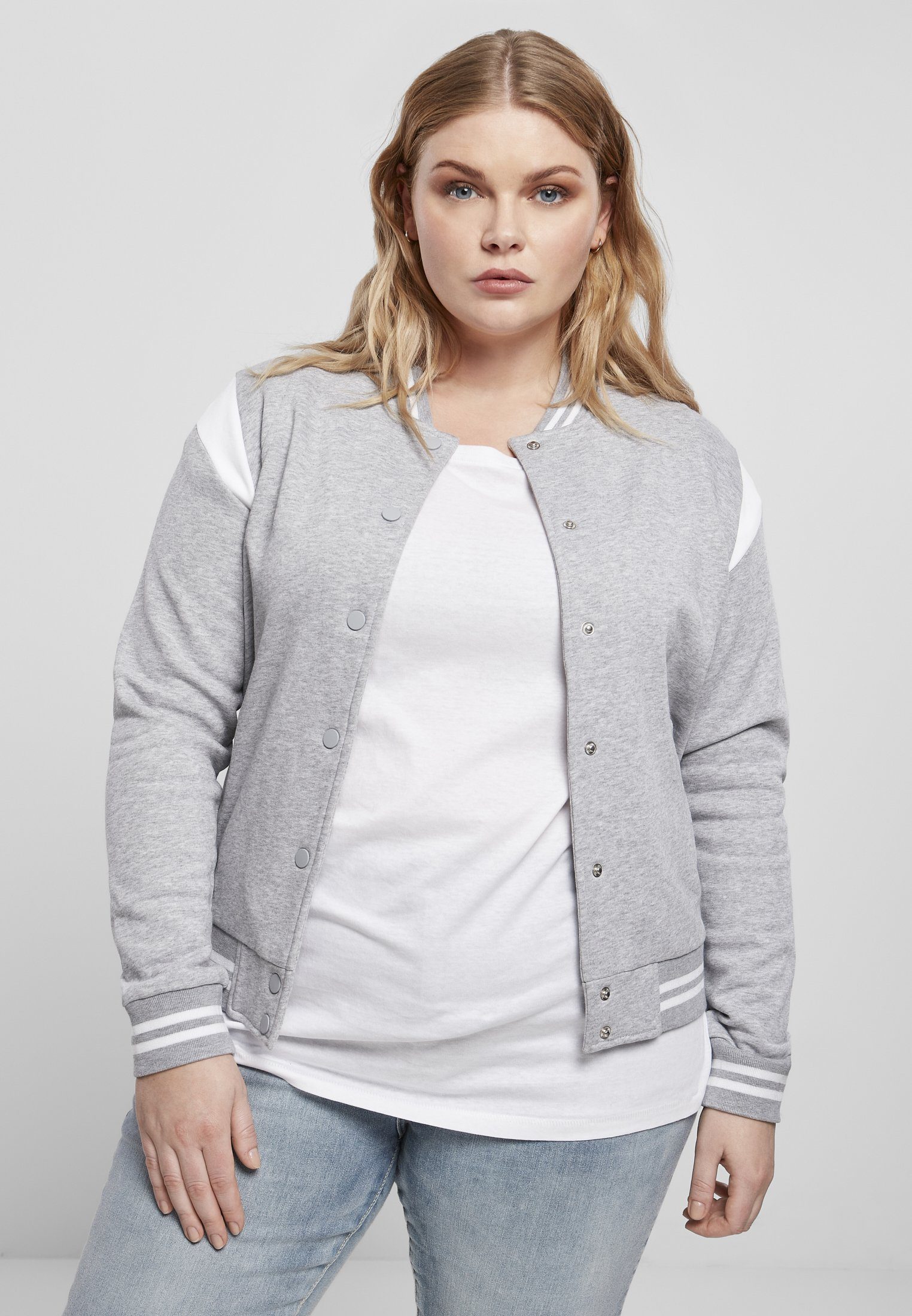 URBAN CLASSICS Collegejacke Damen Ladies Organic Inset College Sweat Jacket (1-St) grey/white | Übergangsjacken