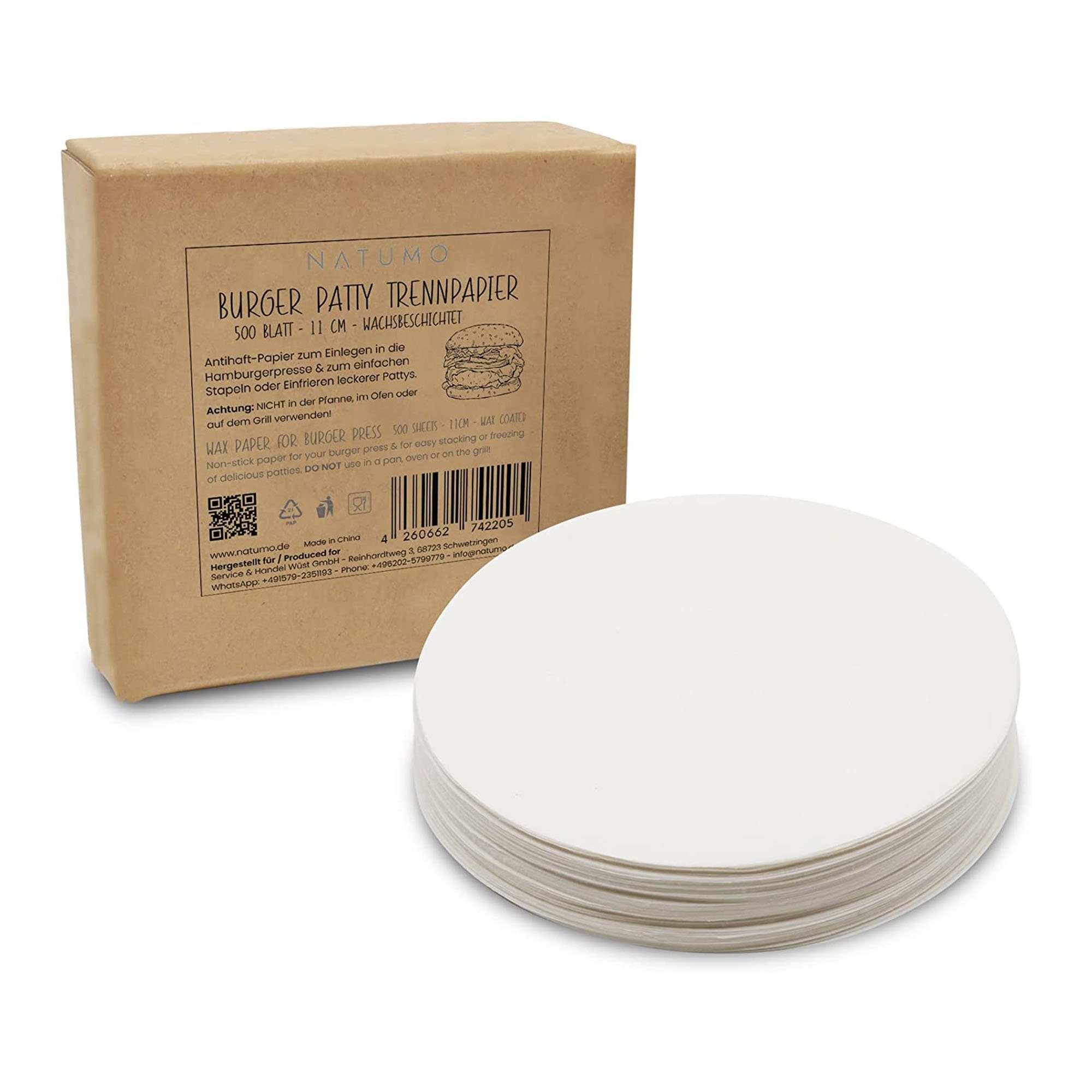 natumo Burgerpresse NATUMO Antihaft Burger Papier Zuschnitte (11cm – 500 Blatt), rundes
