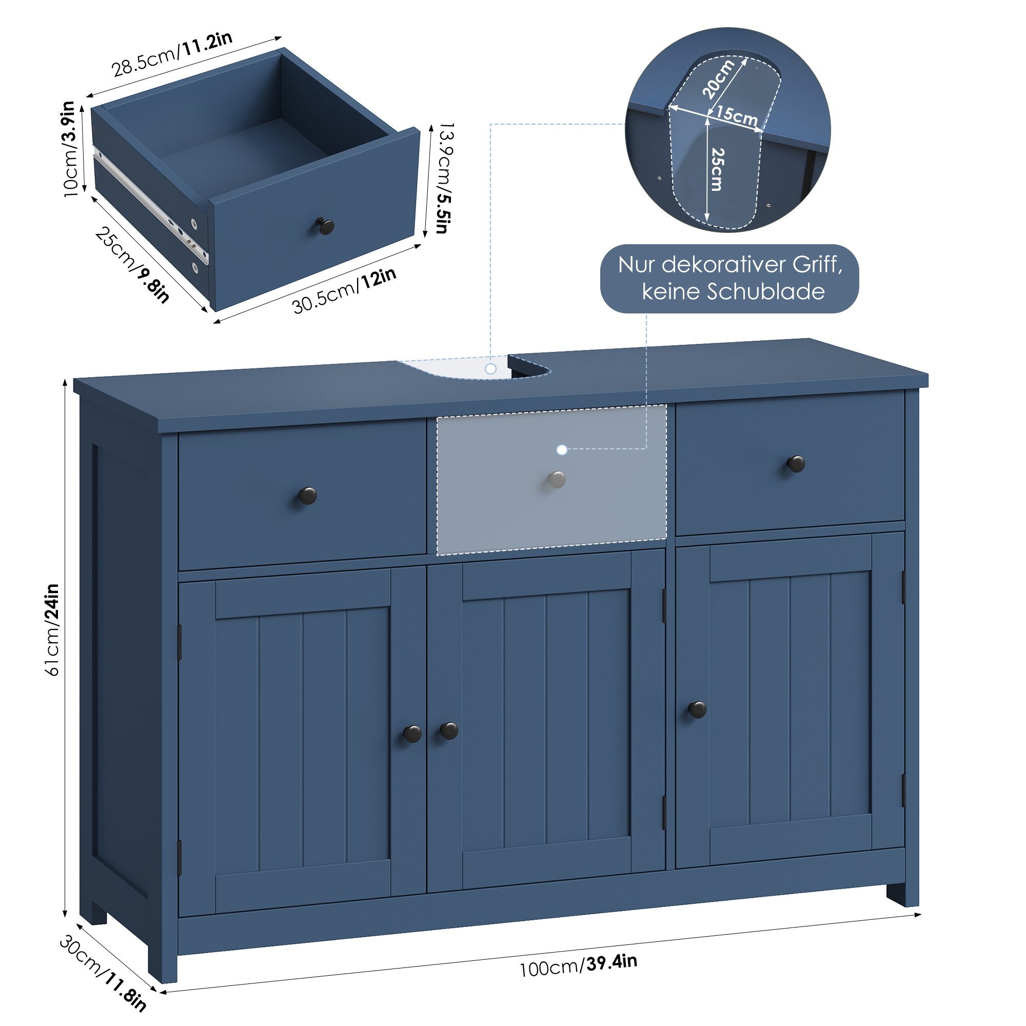 Homfa Waschbeckenunterschrank Unterschrank Badezimmerschrank mit 2 Schubladen und 3 Türen, Breite 100 cm, freistehend