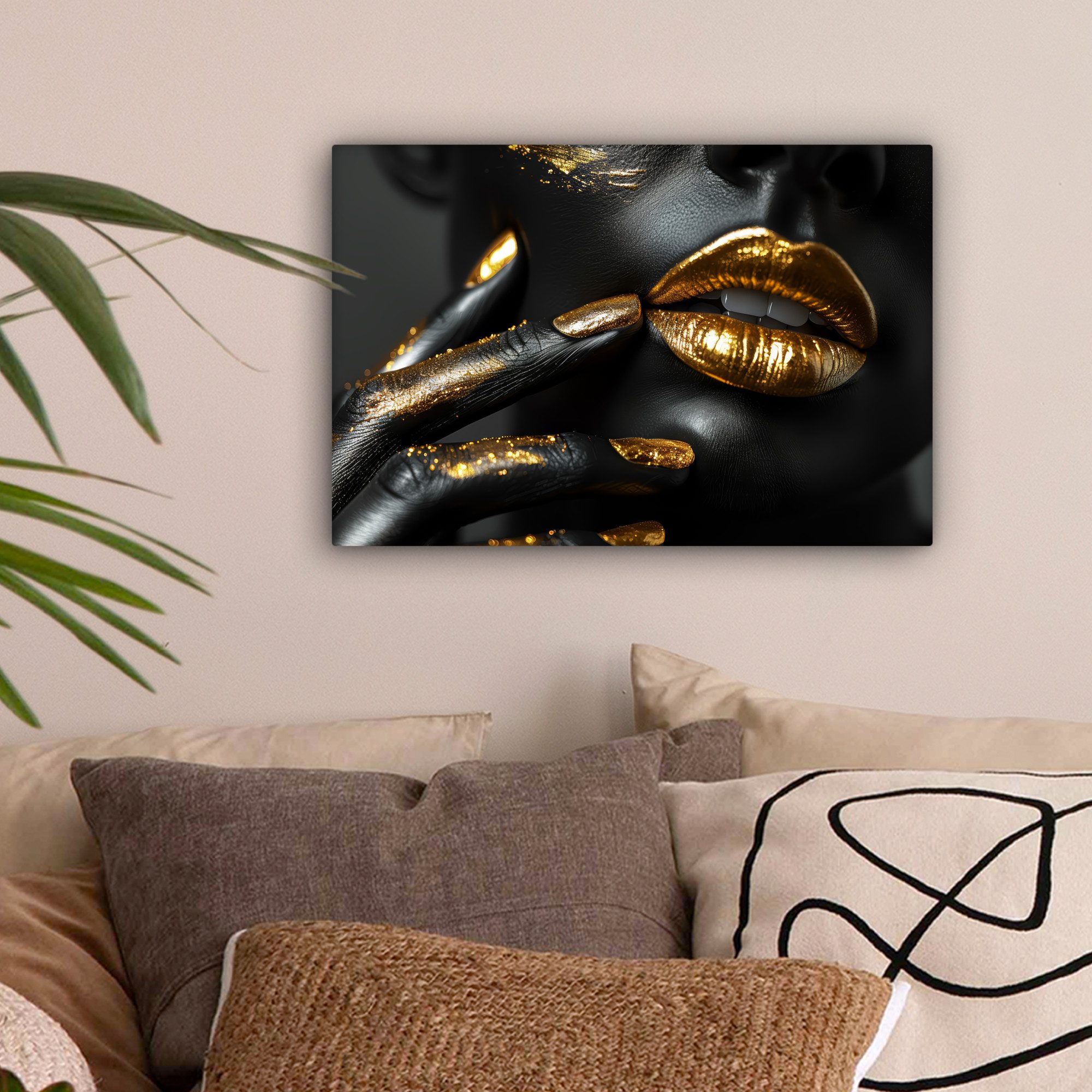 OneMillionCanvasses® Leinwandbild Lippen - Gold - Abstrakt - Schwarz - Frau günstig online kaufen