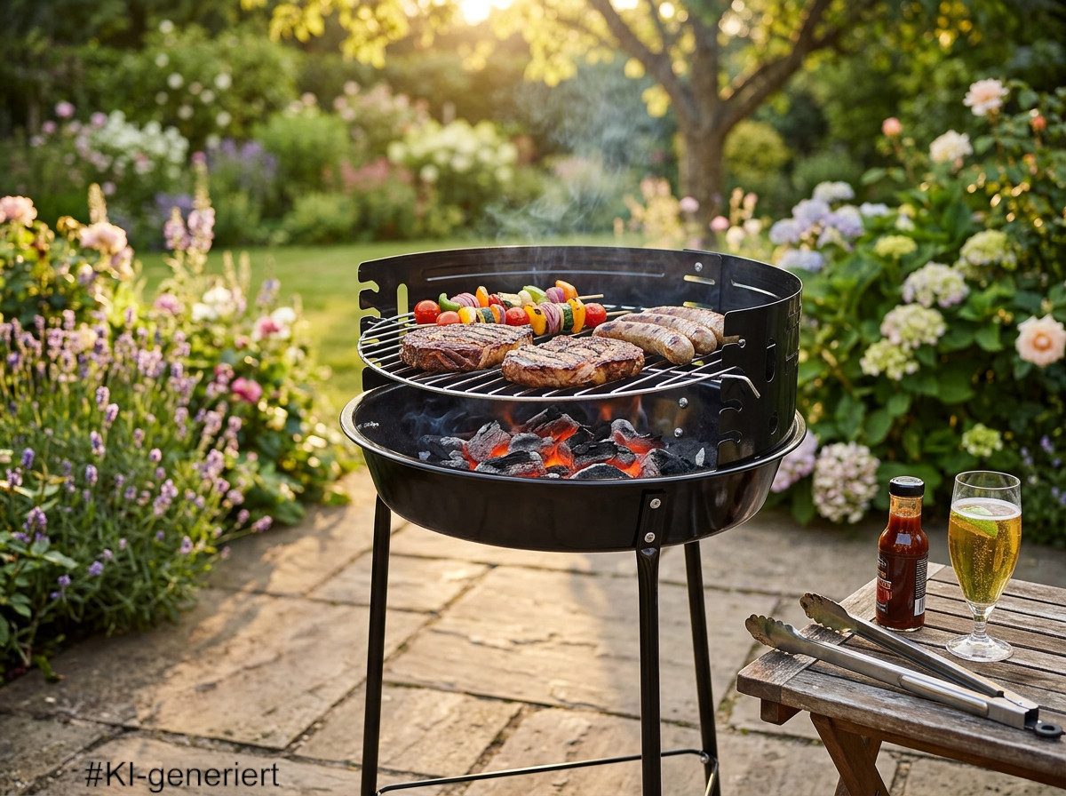 steinwohn Holzkohlegrill Standgrill mit Windschutz - Grillrost Ø29 cm, 33 x 33 x 53 cm Camping, Garten & Festival