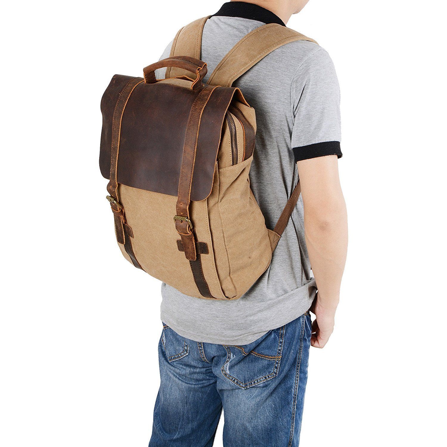 Schul- S-ZONE Laptoprucksack, für Reisetasche Khaki Daypack Segeltuch Arbeit