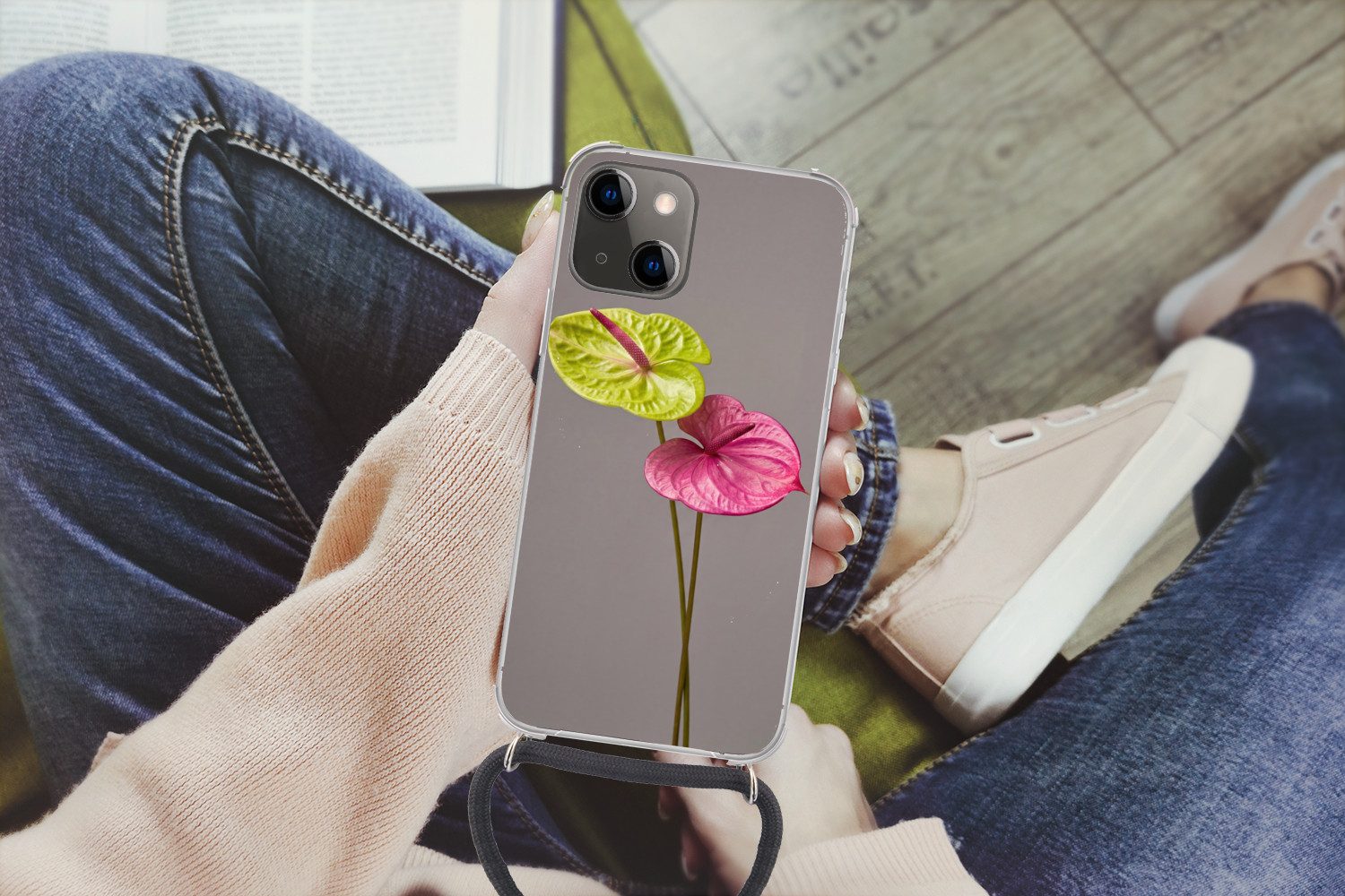 MuchoWow Handyhülle für Apple iPhone 13 Mini Pflanzen - Anthurium - Grün - Rosa, Tragbare Handyhüllen mit Kette zum umhängen, Handykette Handyband