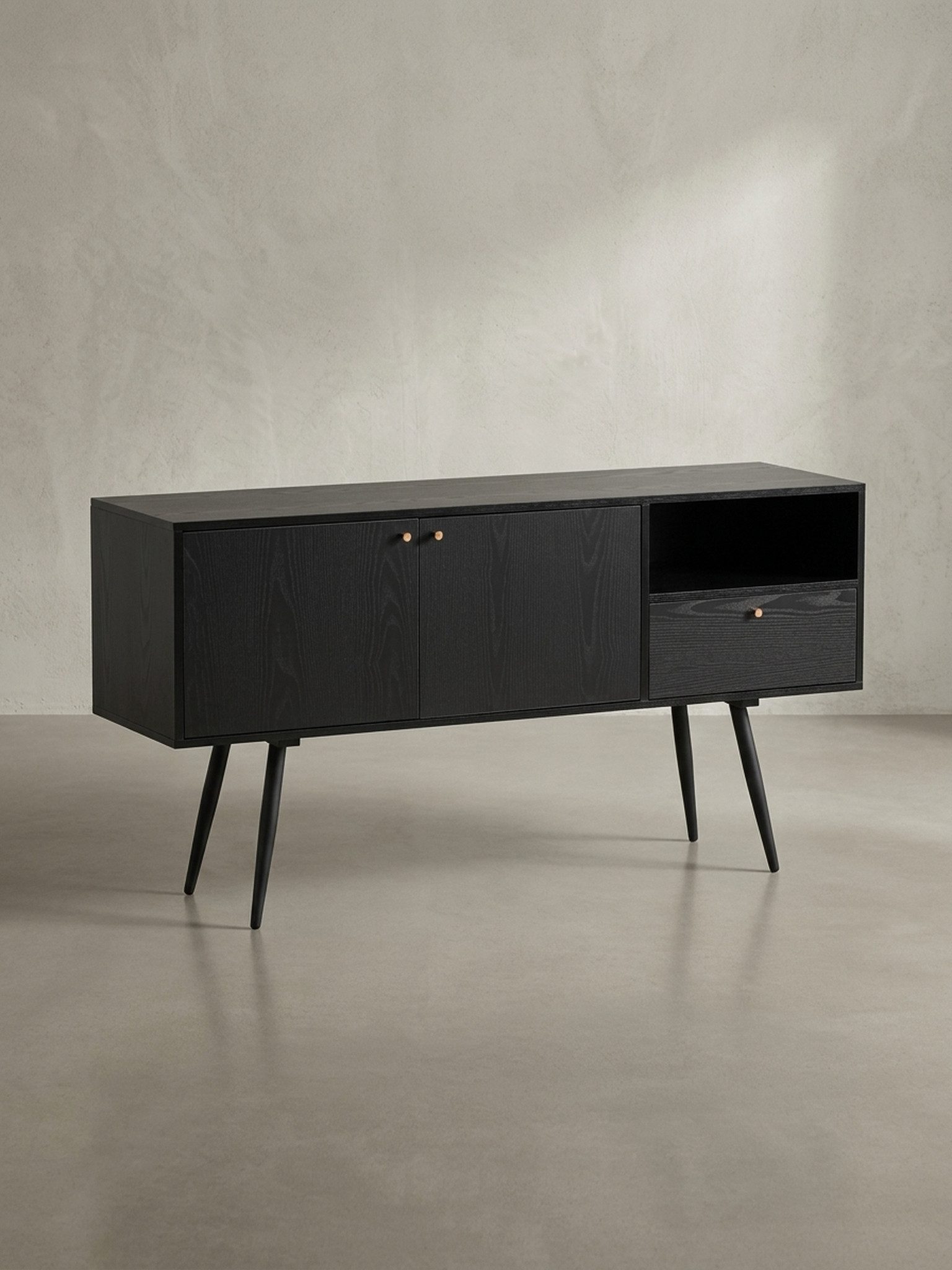 KADIMA DESIGN Kommode Sideboard 140x75x40 cm Kommode Schwarz mit Eiche-Dekor Zeitlos, Hoher (Anrichte mit offenem Fach), Kommodenschrank, Standschrank Wohnzimmer mit 2 Türen und Schublade